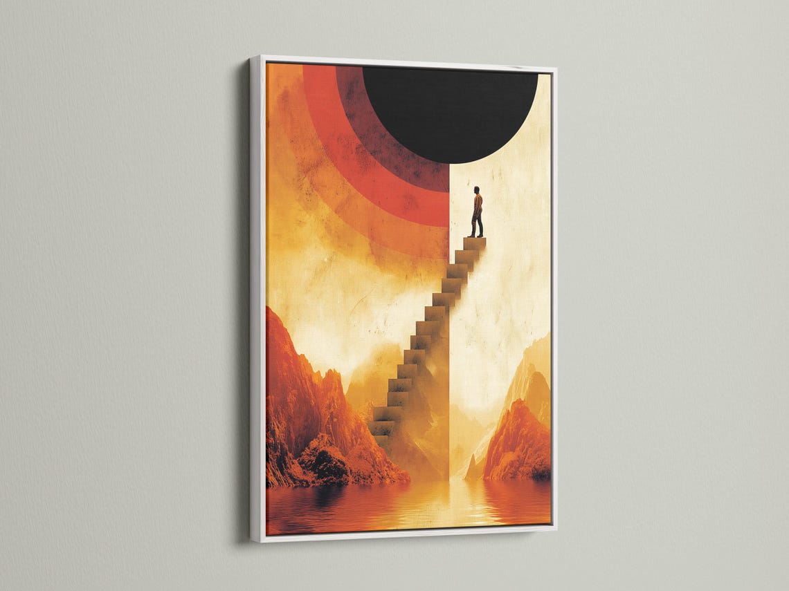 Surreal staircase with a silhouetted man rising through a warm mountain landscape and lake reflections detail view