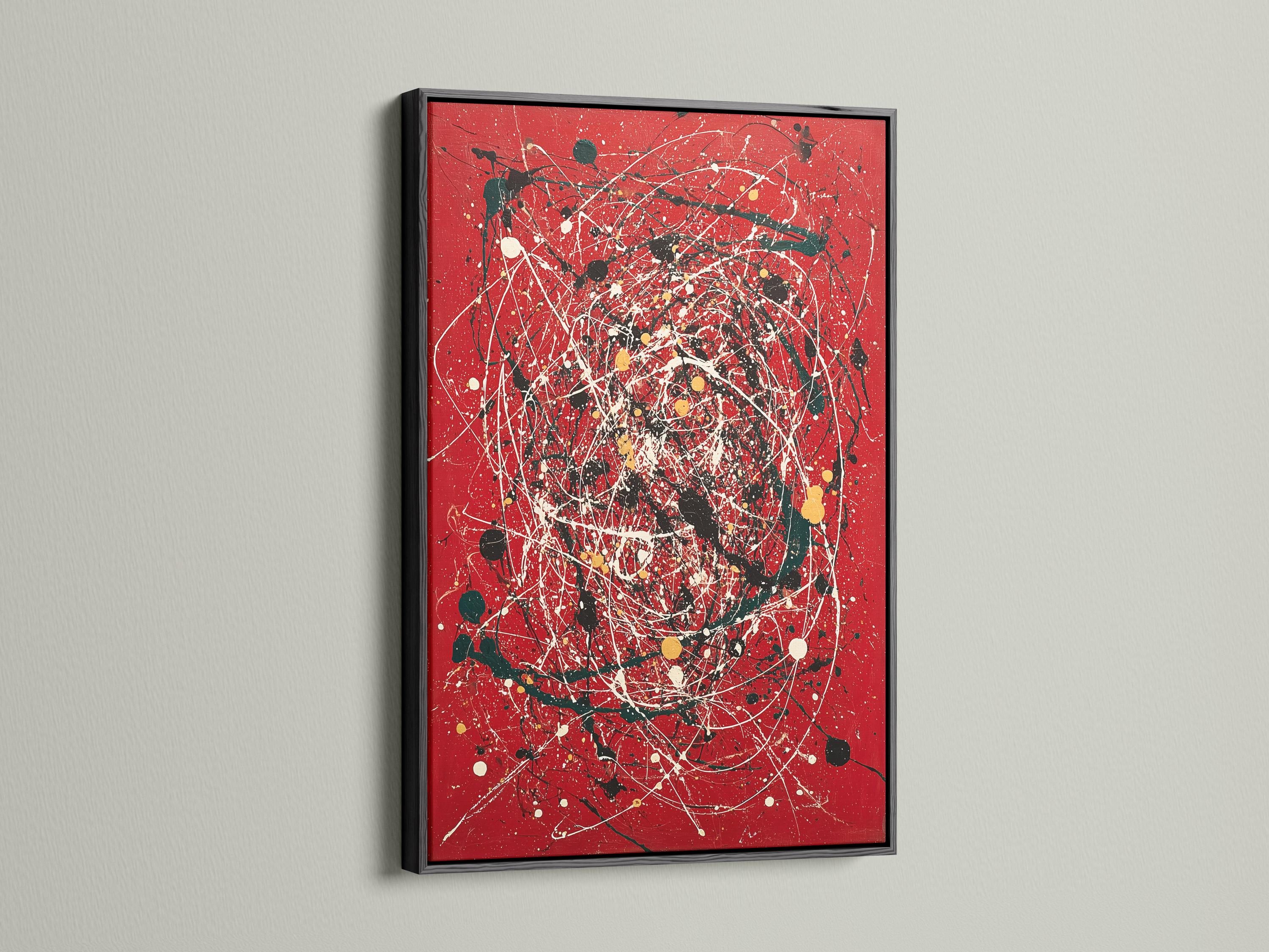 Red abstract artwork with white splatter lines, black and green shapes, and gold dots detail view