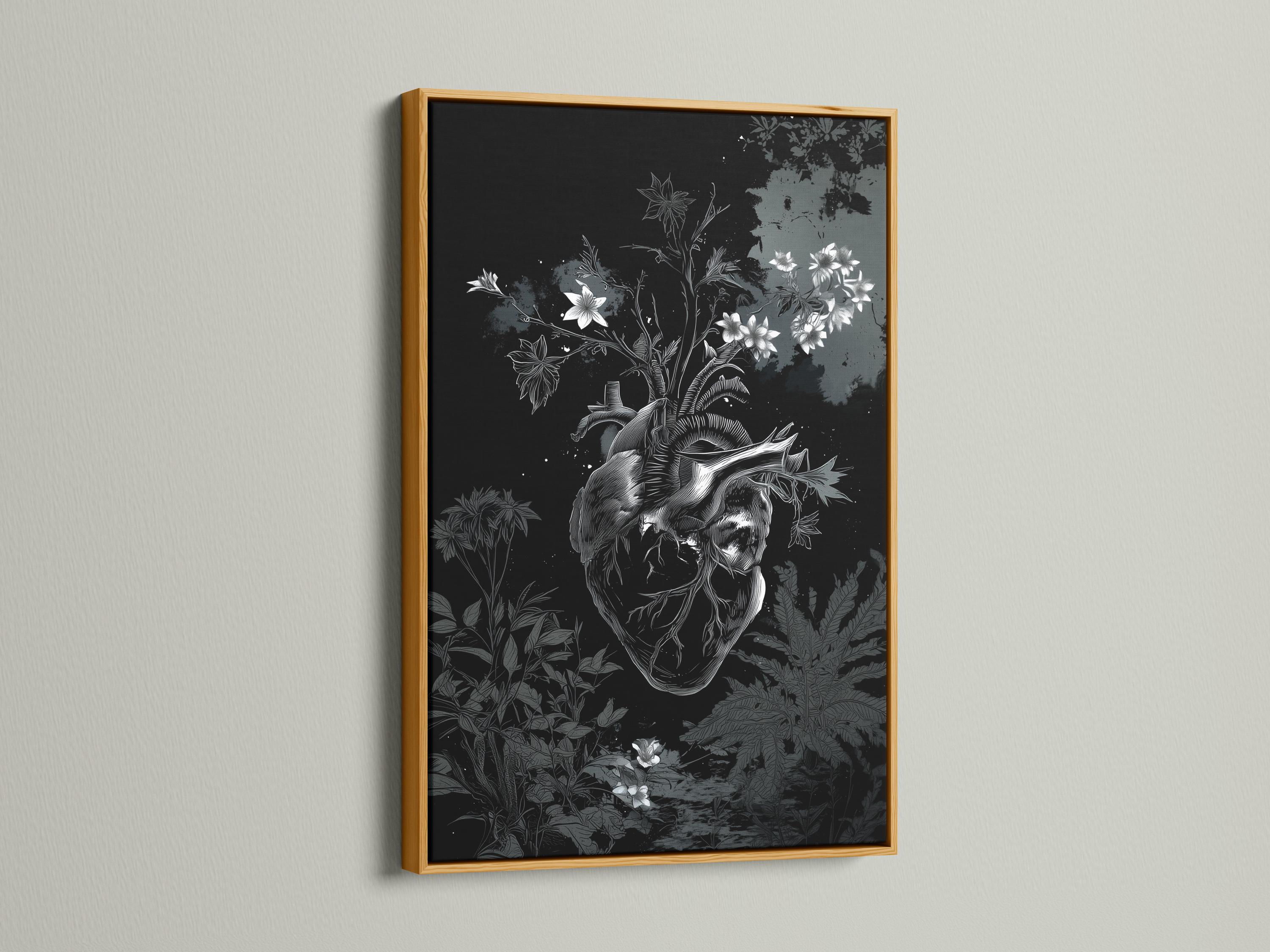 Room mockup showing a framed monochrome botanical heart artwork on a wall