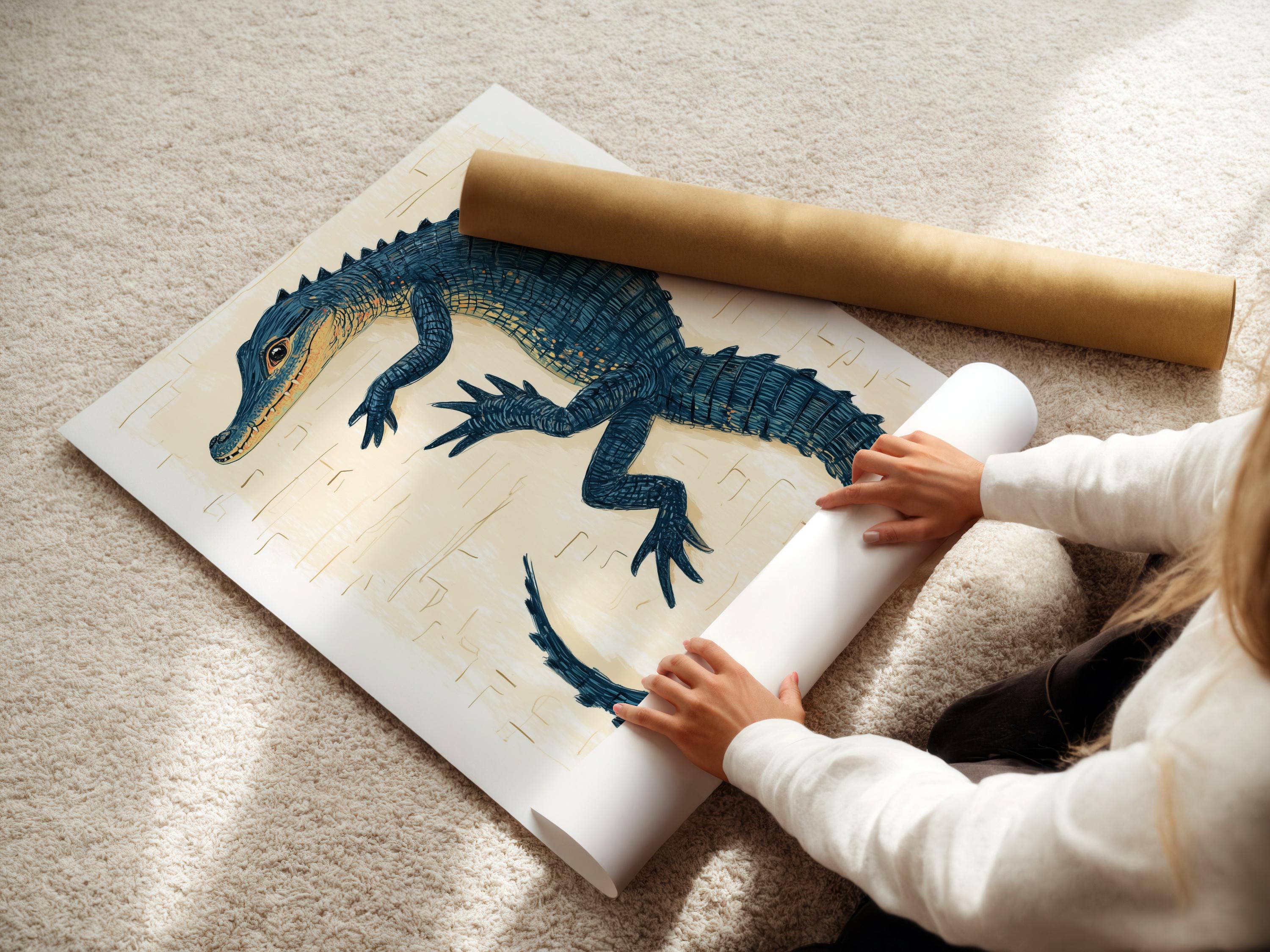 Blue alligator illustration forming a circular loop with scale-like linework on a cream background detail view