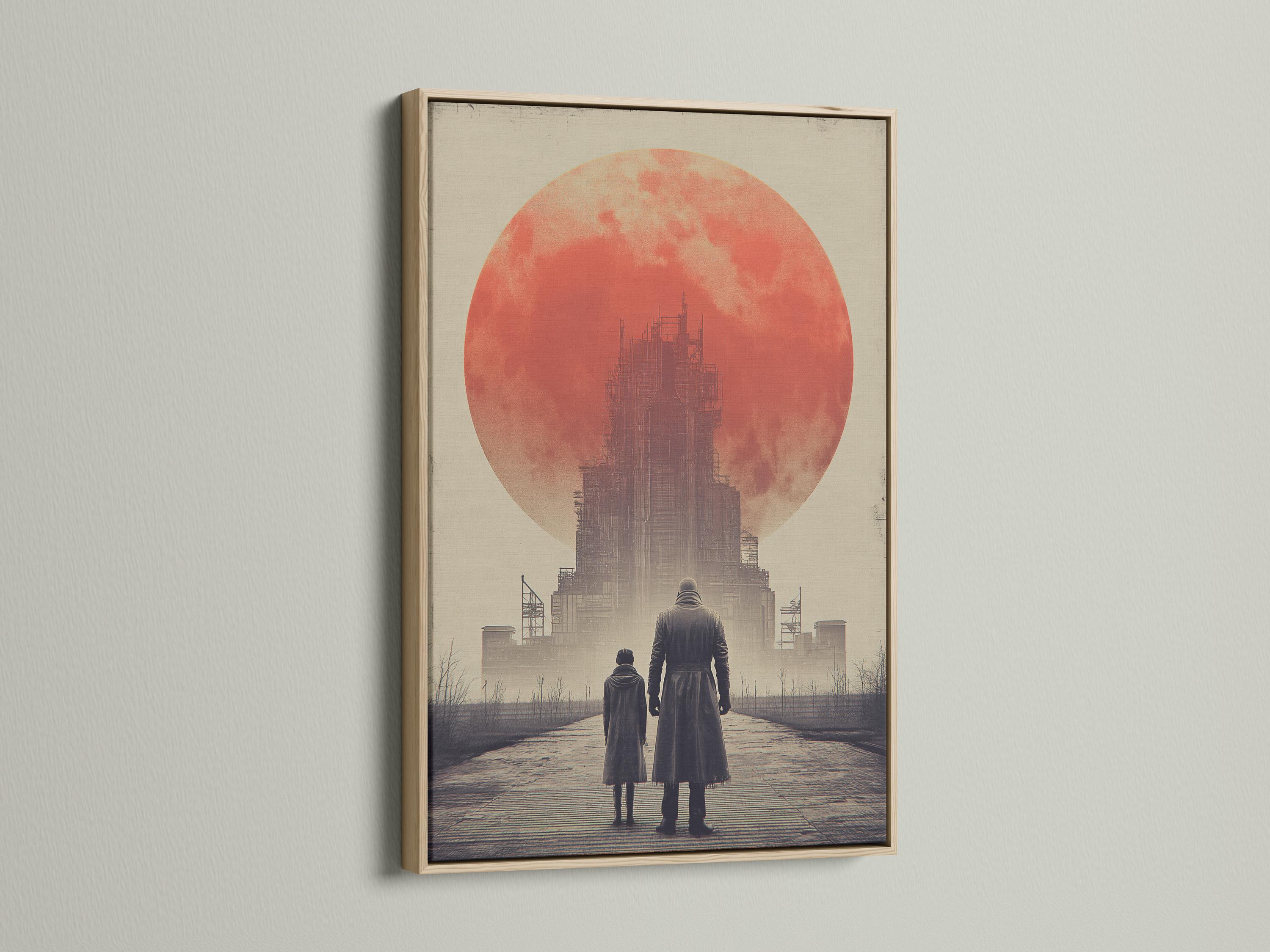 Dystopian scene of two people walking toward an industrial building under a large red sun detail view