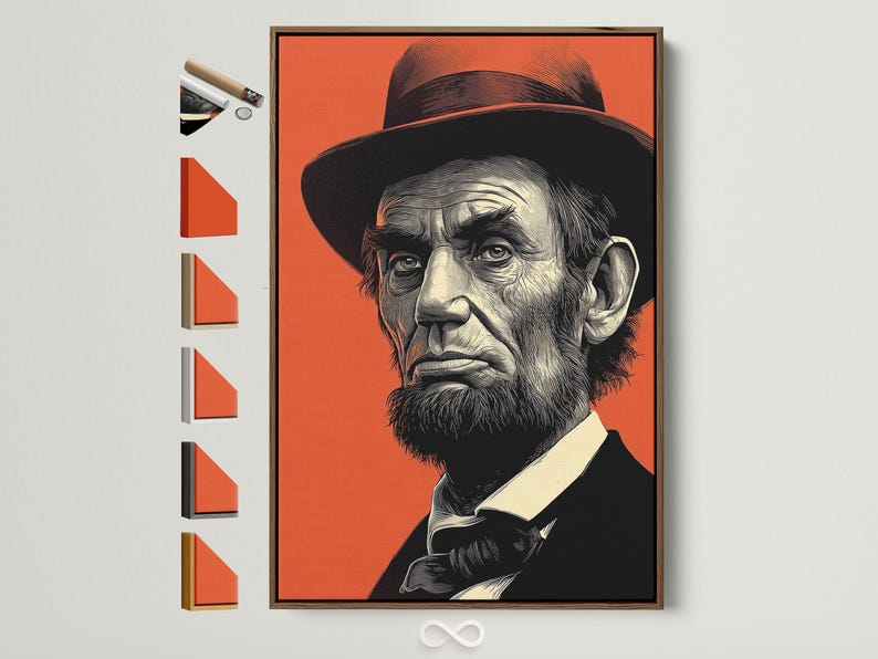 Orange and black engraved-style portrait of a bearded man in a wide-brim hat