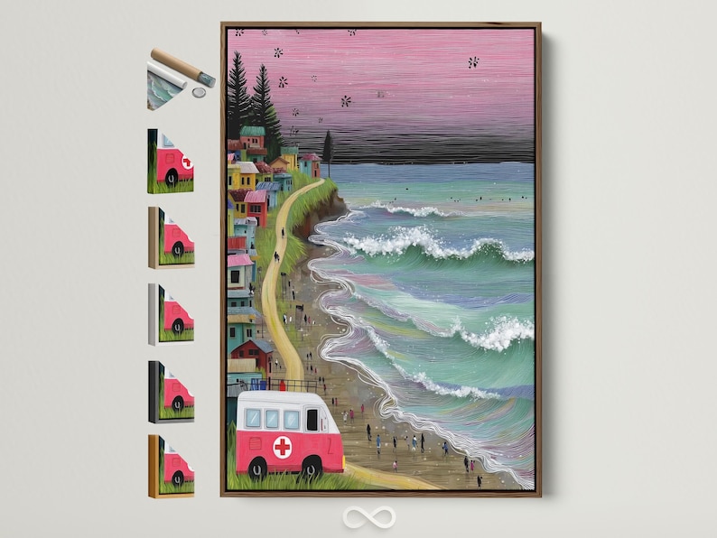Retro beach village artwork with a pink sunset sky, ocean waves, and a red-and-white van