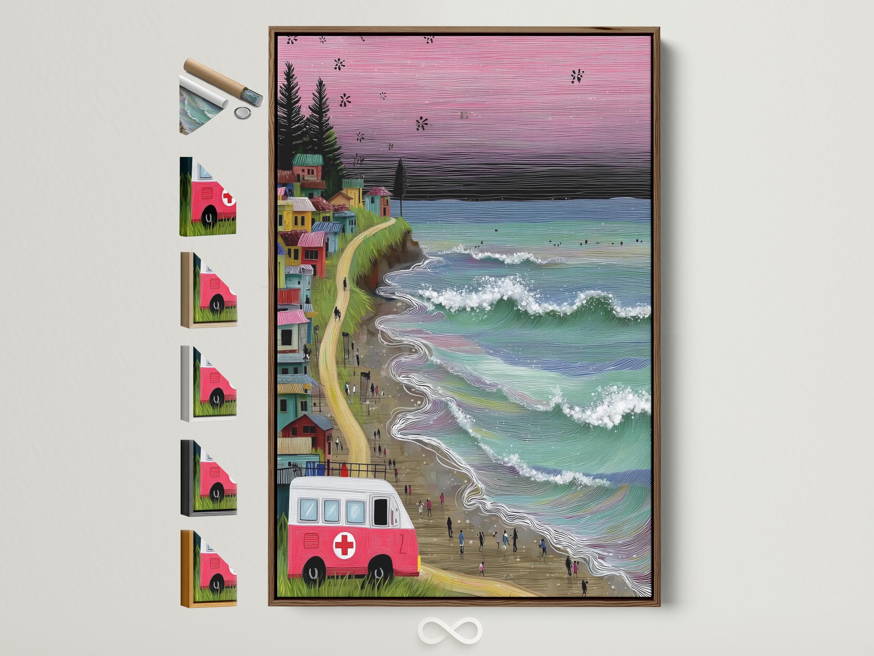 Retro beach village artwork with a pink sunset sky, ocean waves, and a red-and-white van