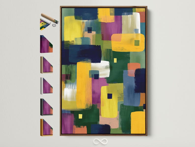 Geometric abstract artwork with overlapping blocks and squares in yellow, navy, green, and purple