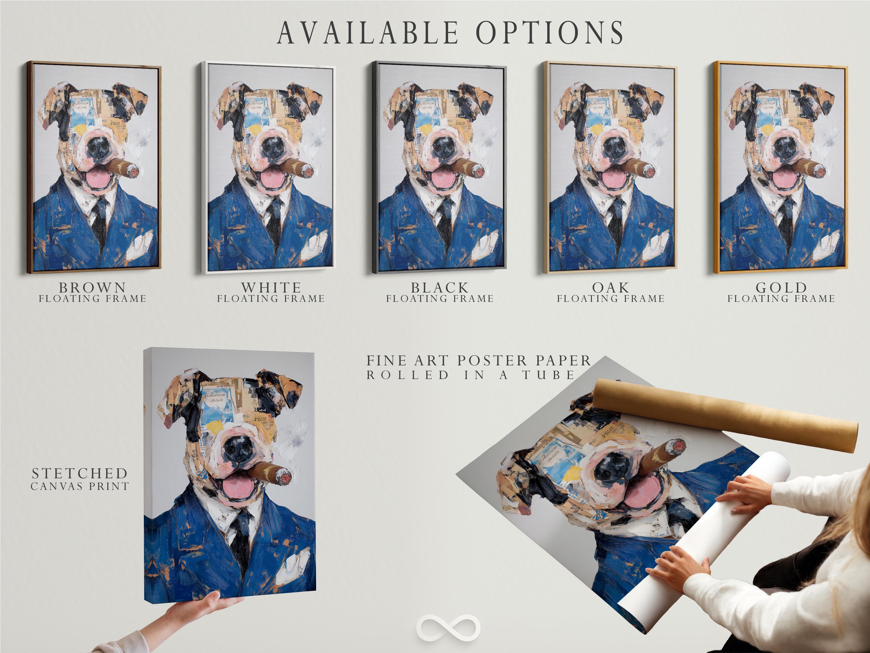 Stylised dog portrait in a blue suit with painterly collage-like texture detail view