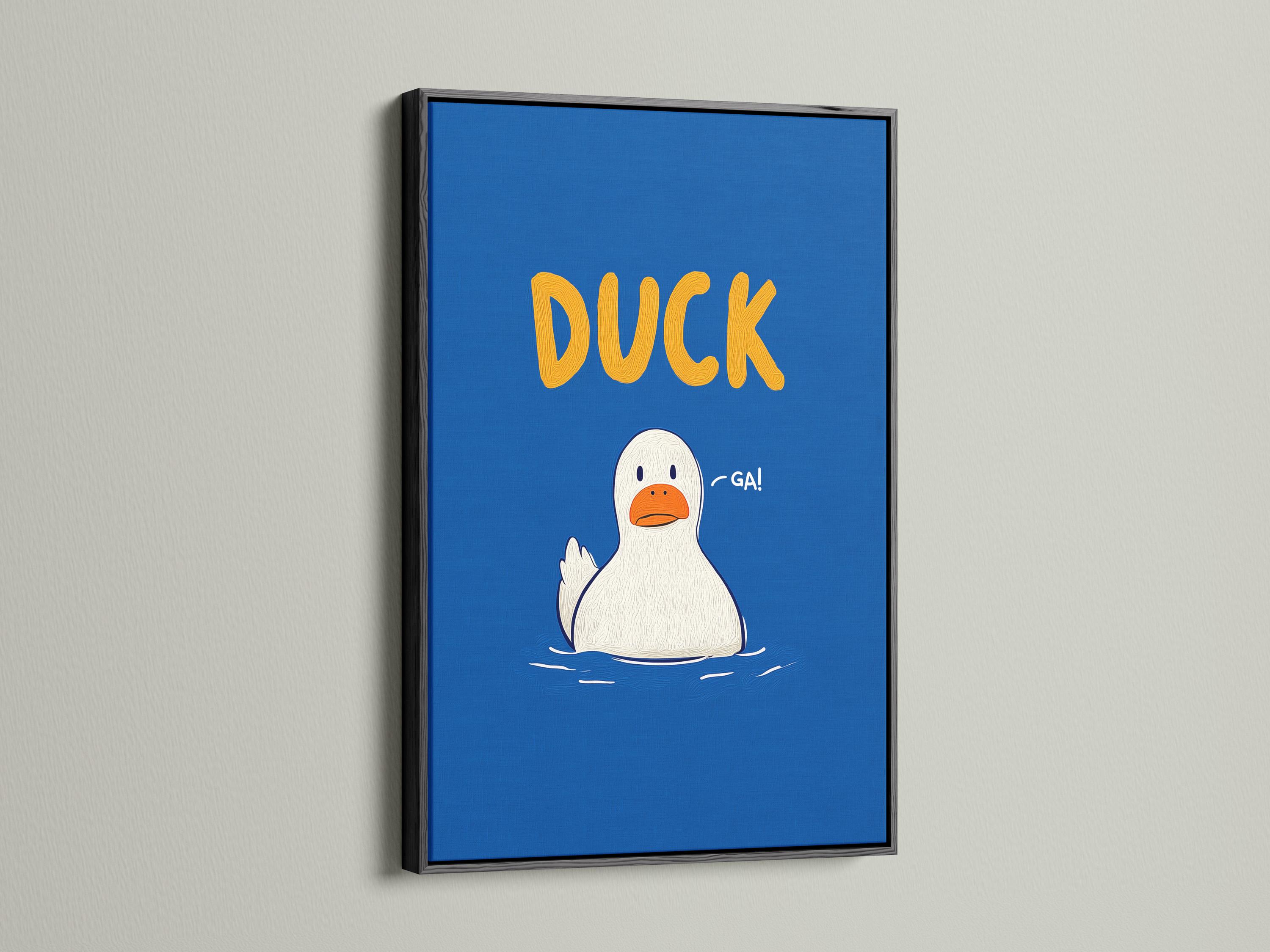 Room mockup showing blue framed duck artwork with orange “DUCK” text