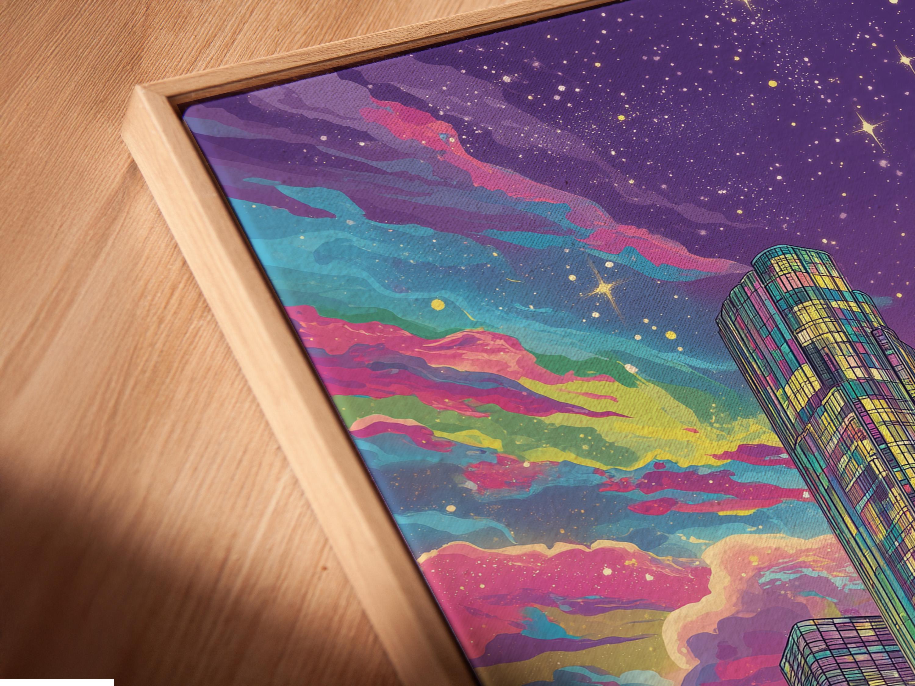 Retro neon city skyline with tall skyscrapers, ocean waves, starry purple sky and palm silhouettes detail view