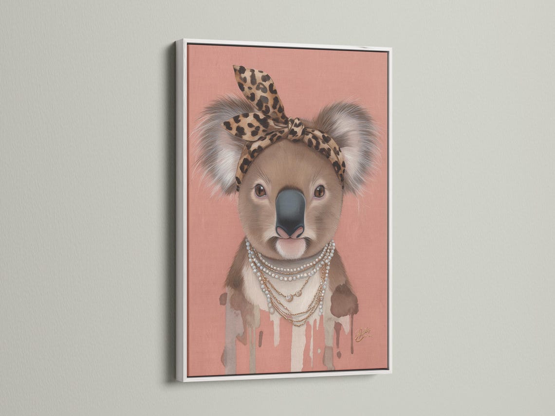 Koala portrait with leopard headband and pearl necklace on a dusty pink background detail view