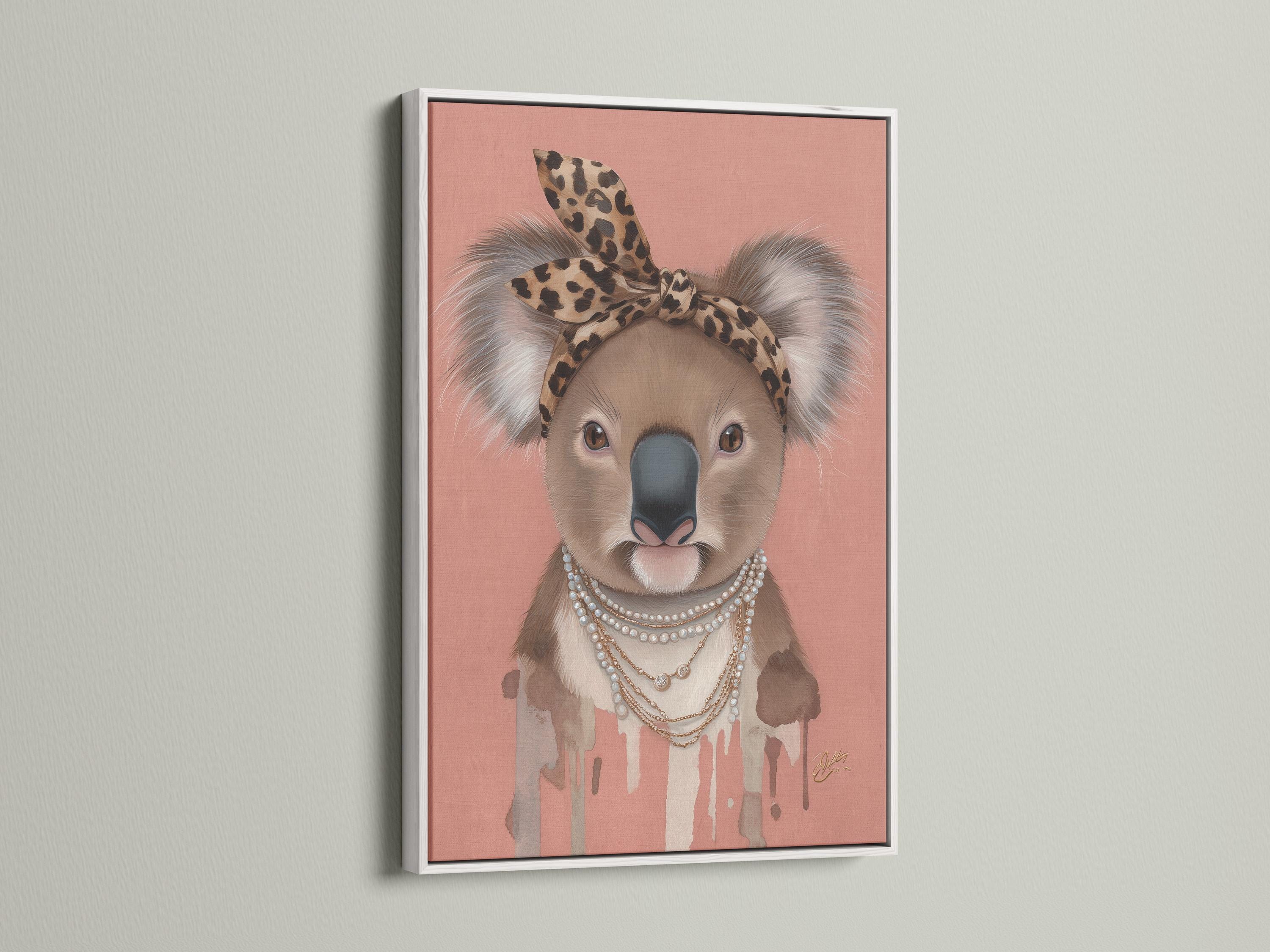 Koala portrait with leopard headband and pearl necklace on a dusty pink background detail view
