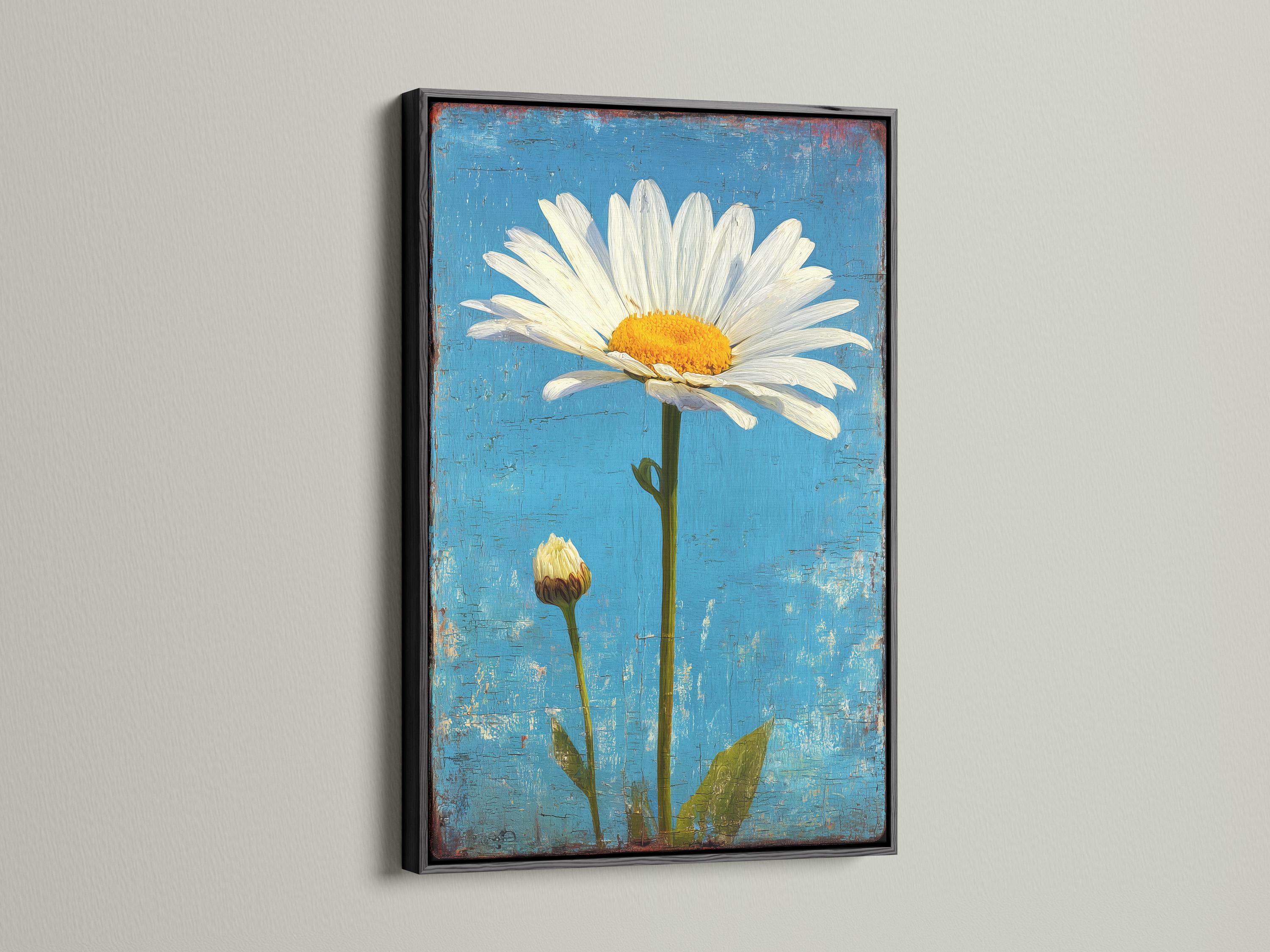 Daisy wall art in a framed mockup on a light background with other frame options