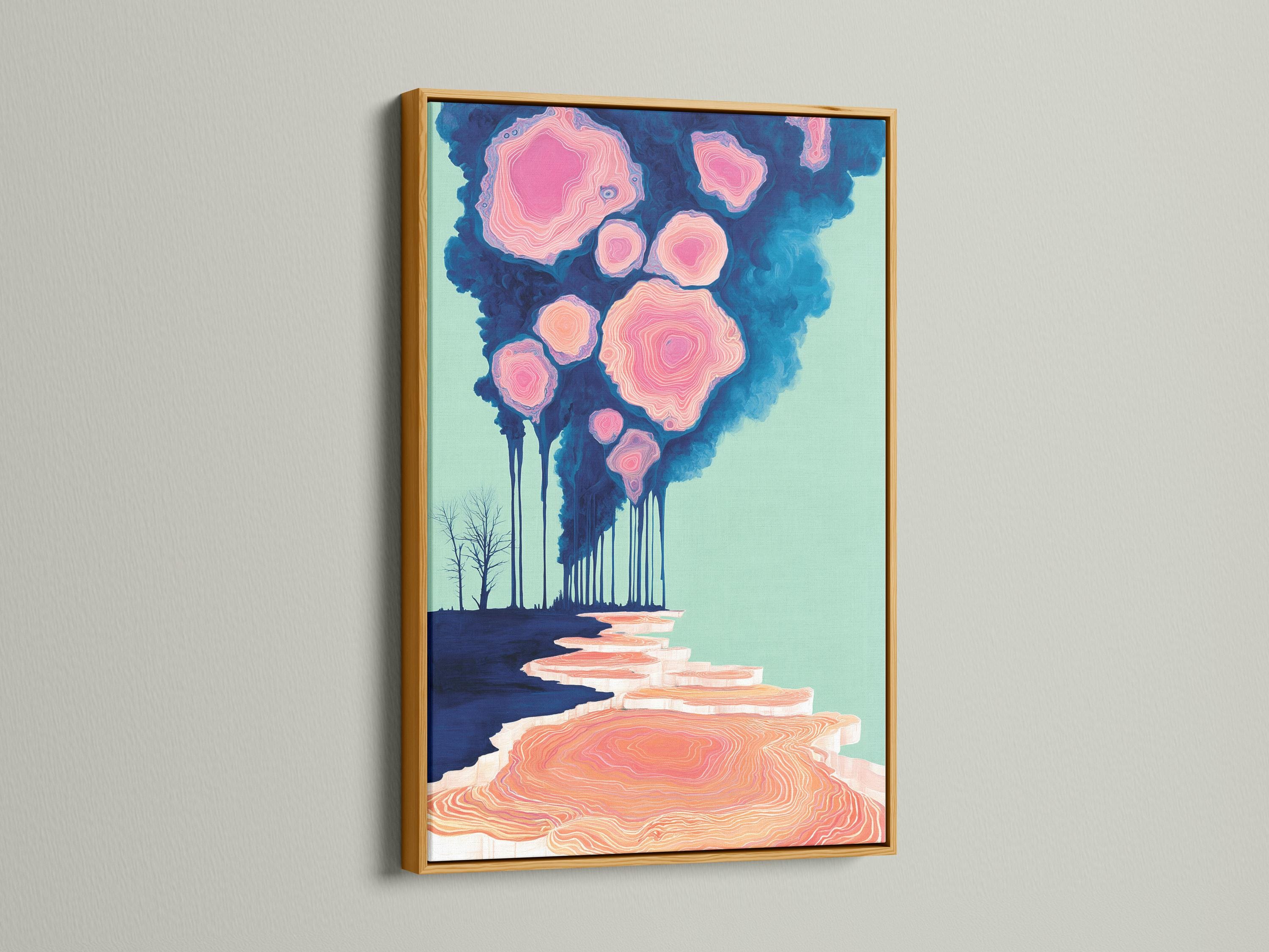 Teal and pink abstract forest scene with concentric ring-like forms and drips detail view