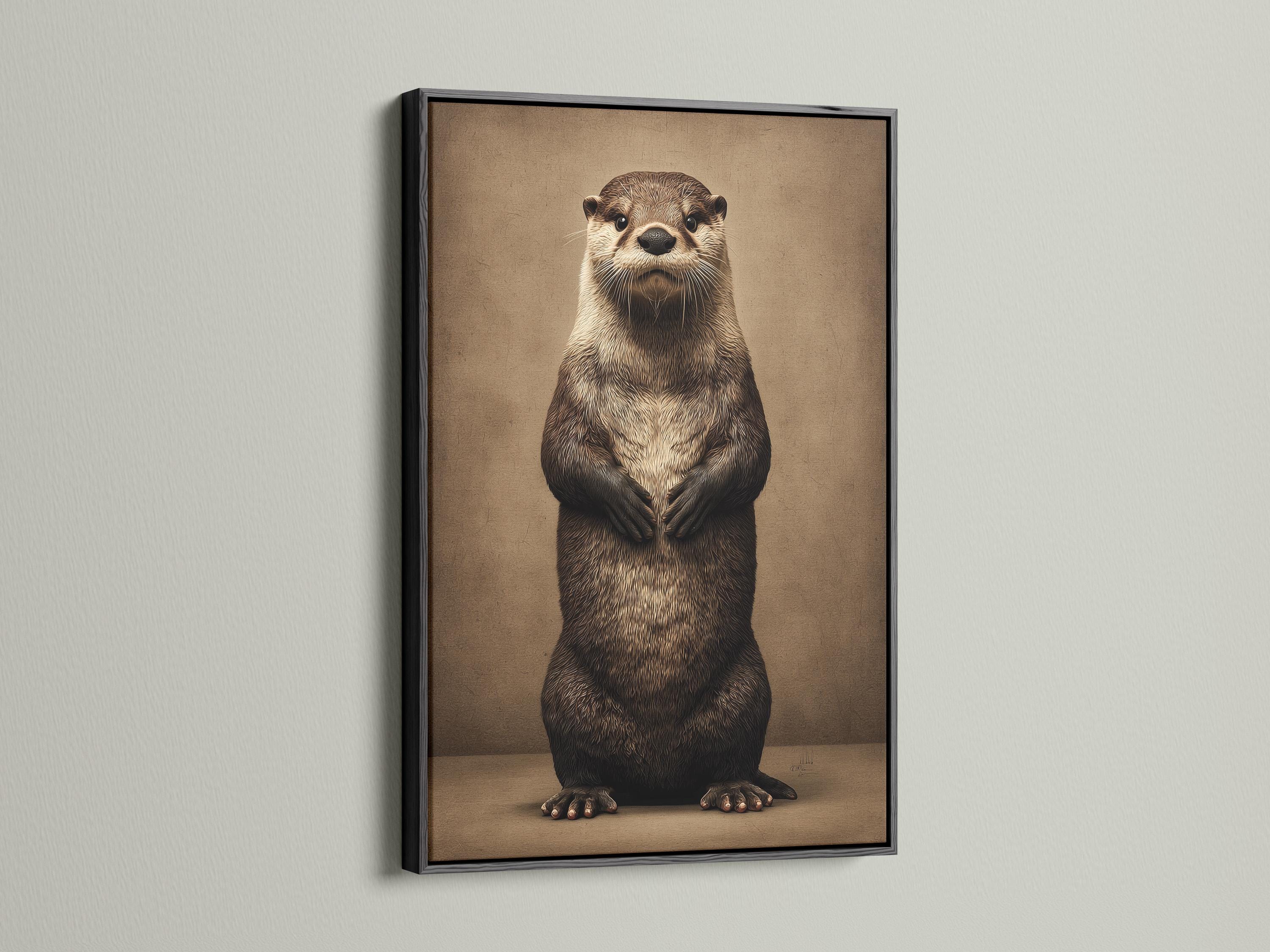 Stylised otter standing upright on a textured taupe background detail view
