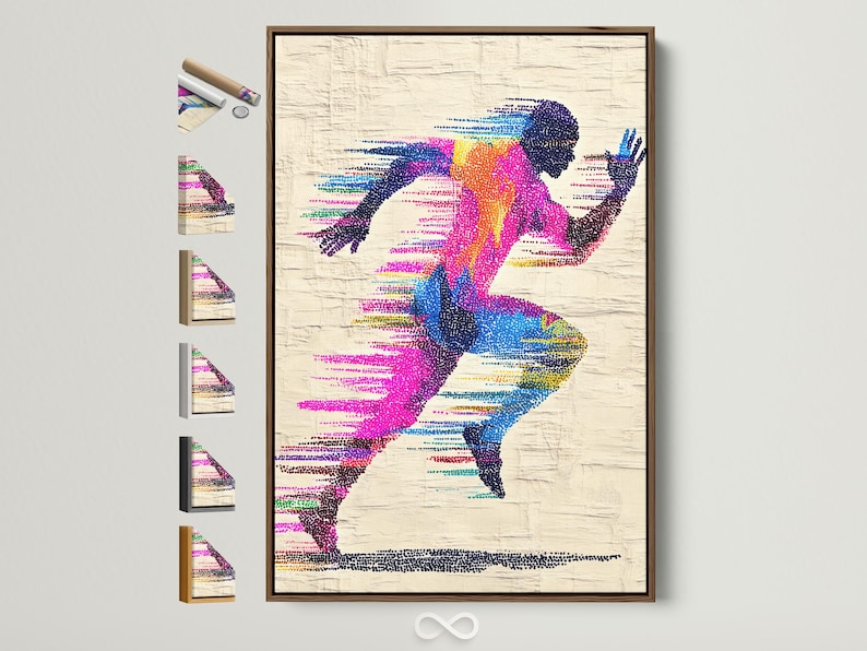 A colour-dotted silhouette of a runner stretches across a textured off-white background, with flowing striped motion lines in bright magenta, blue