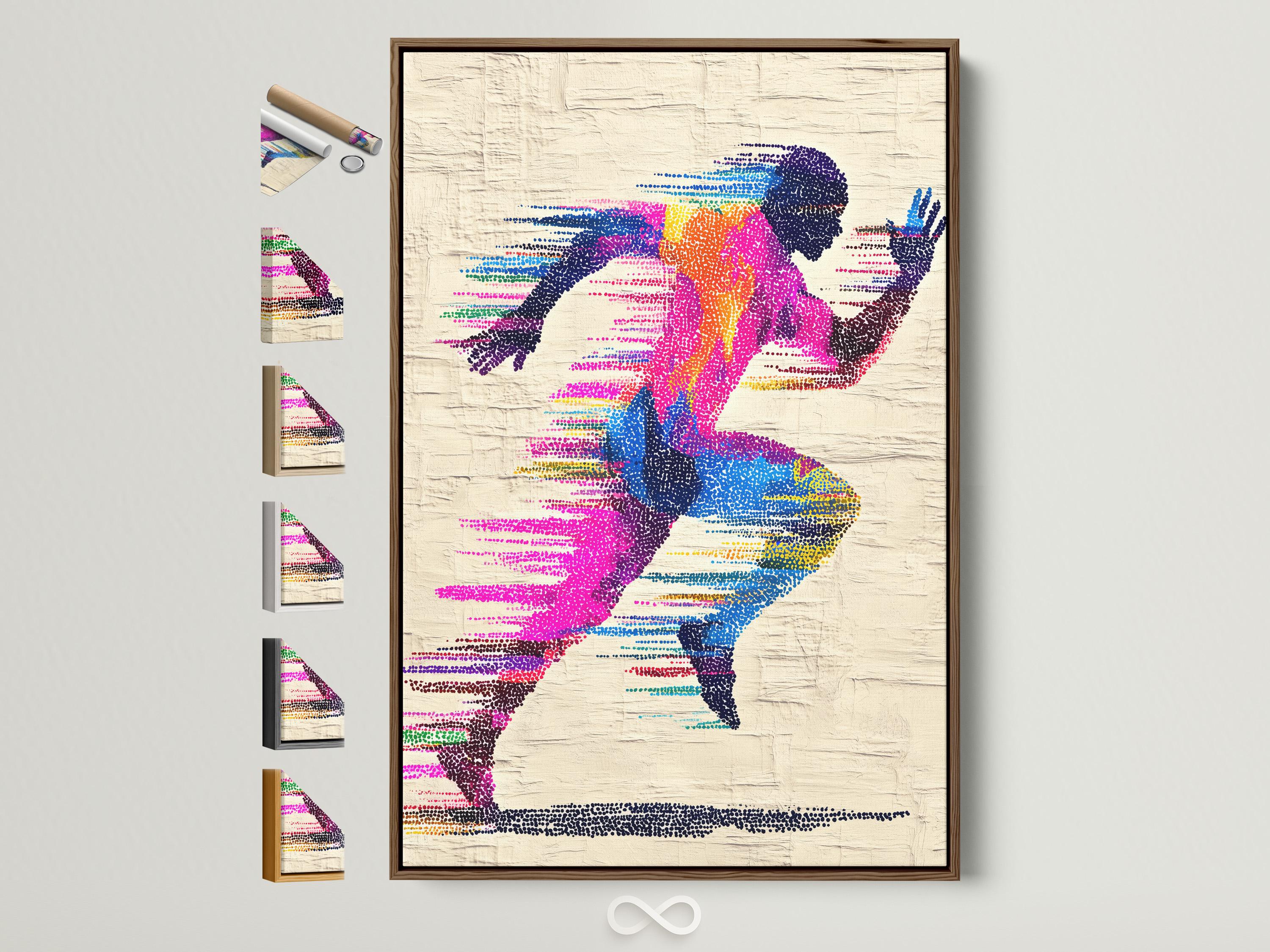 A colour-dotted silhouette of a runner stretches across a textured off-white background, with flowing striped motion lines in bright magenta, blue