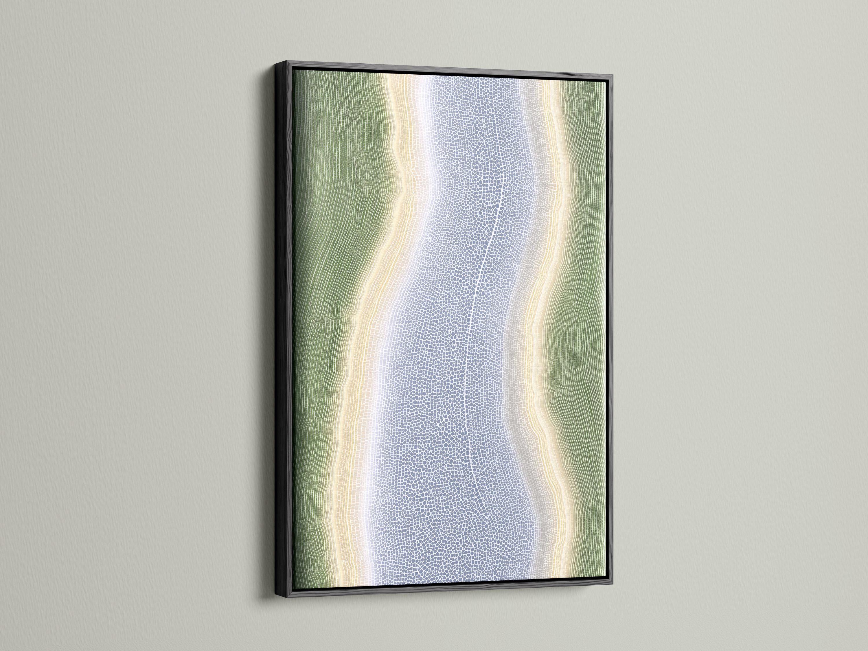Abstract river-like artwork with sage-green contours and a speckled muted-blue textured centre detail view