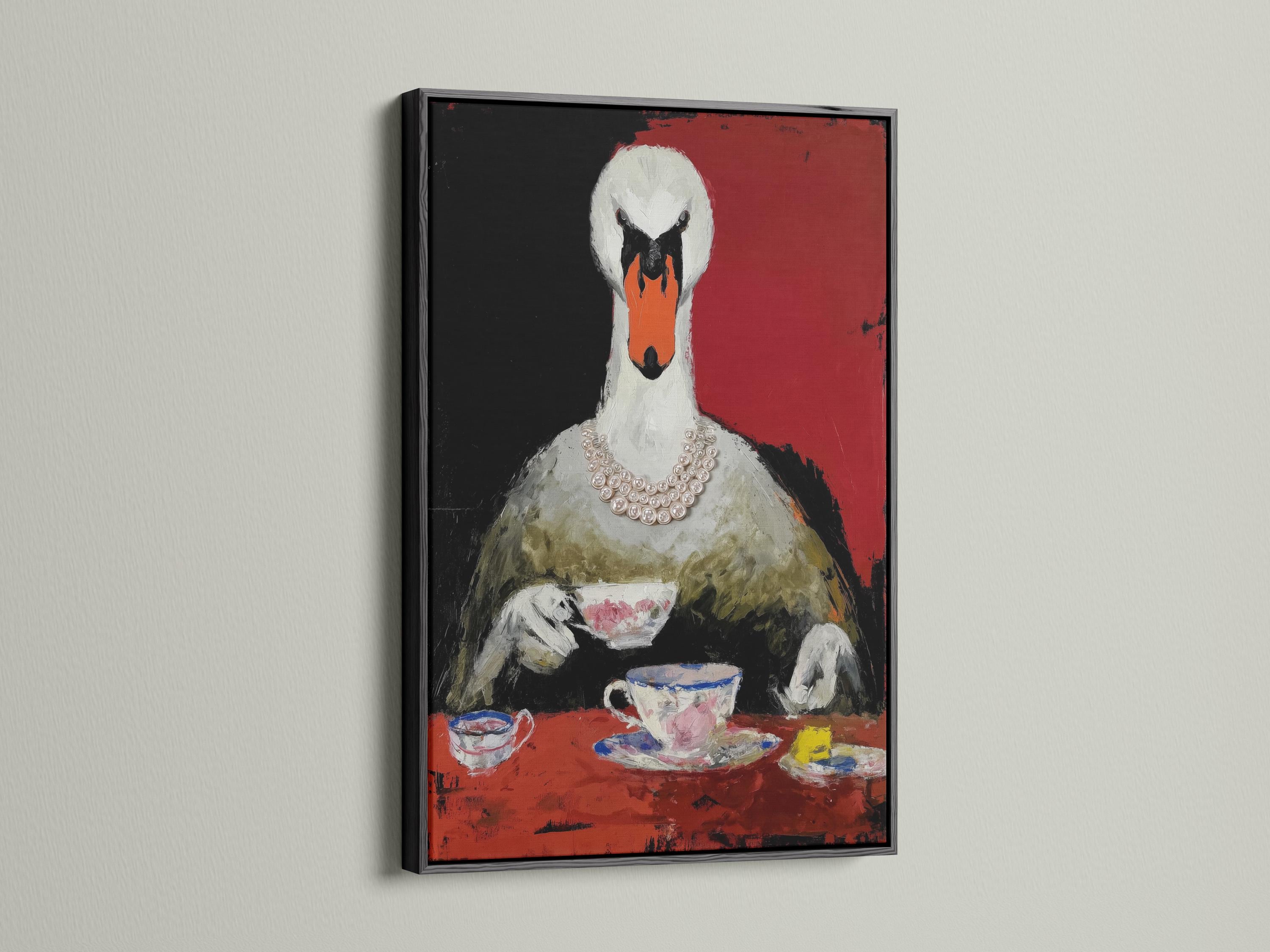 Stylised swan portrait in red and black with a pearl-like necklace detail view