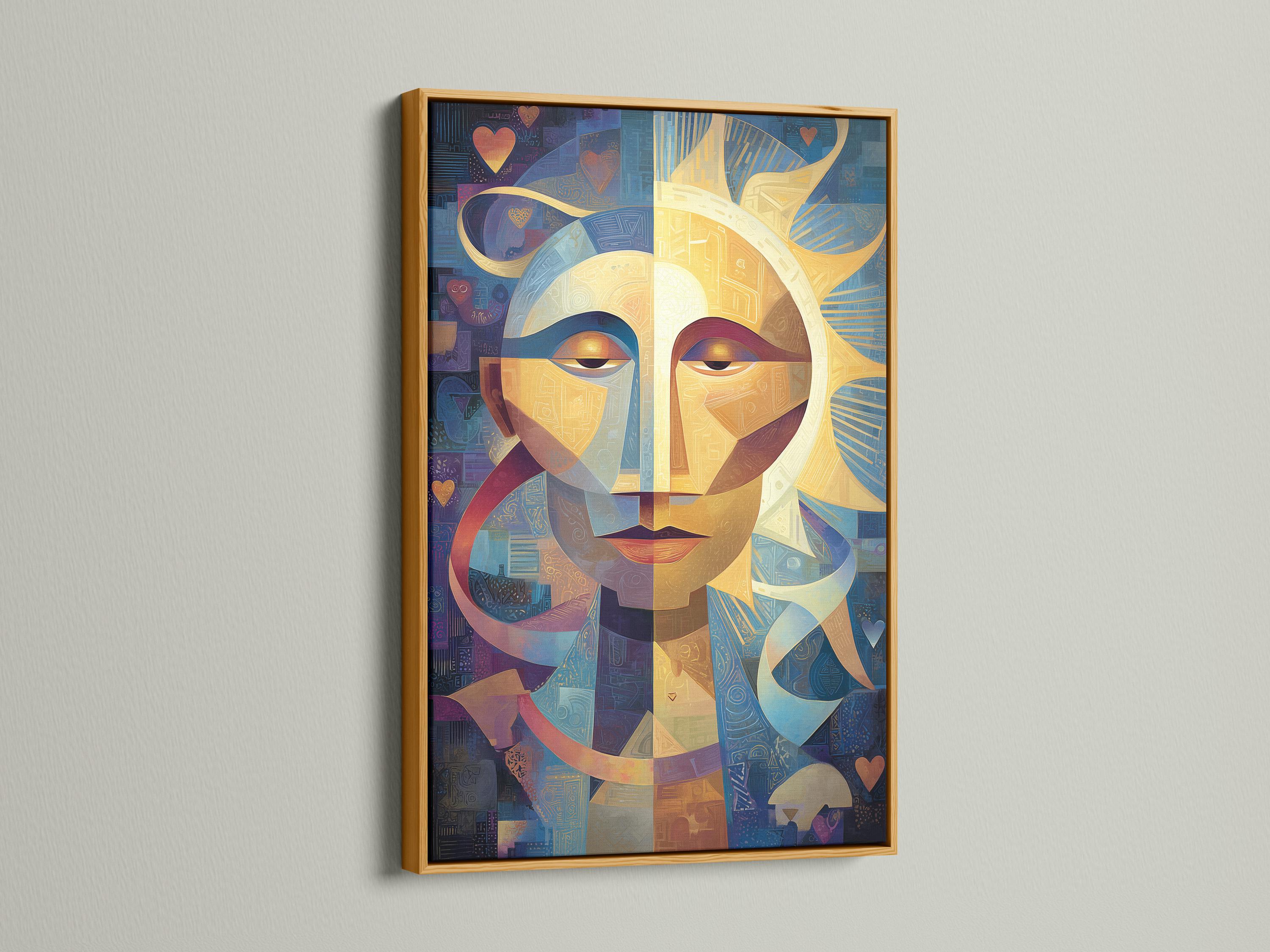 Geometric abstract face with a golden sunburst centre, blue and gold shapes, and small heart motifs detail view