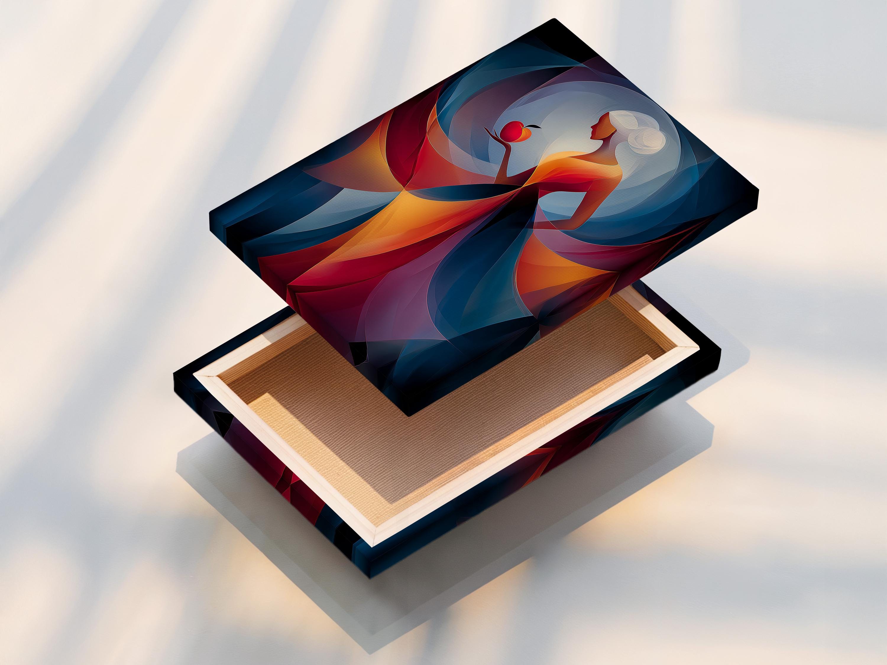 Abstract woman holding a red apple with layered blue, teal and purple curved shapes detail view