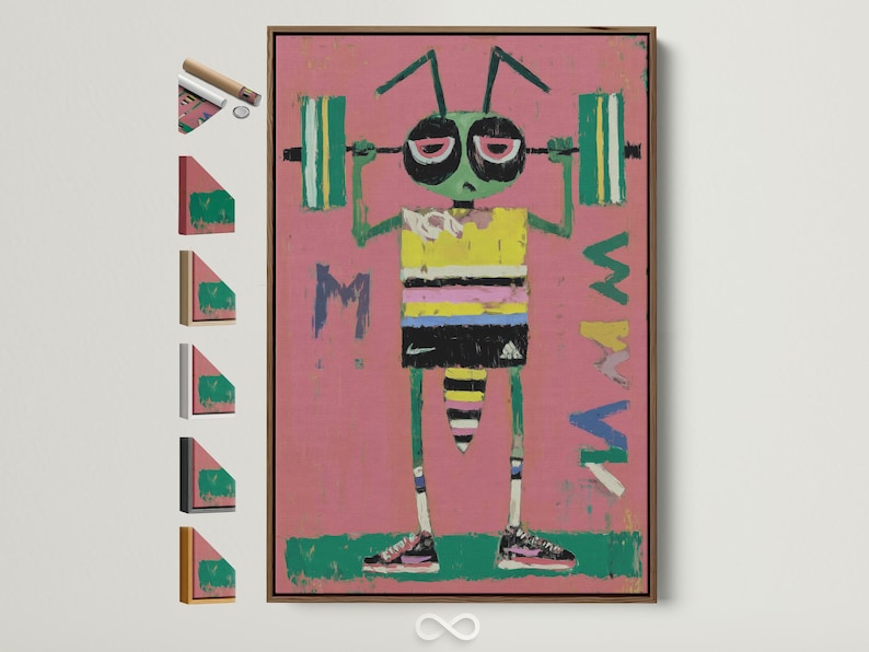 Cartoon bug character with large eyes, pink background, and green and yellow striped body