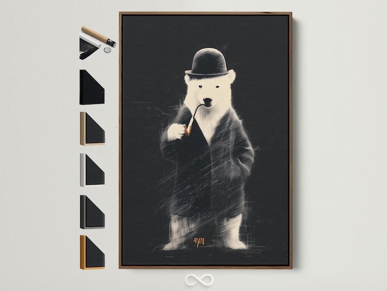 Monochrome polar bear portrait wearing a dark hat and jacket against a textured black background