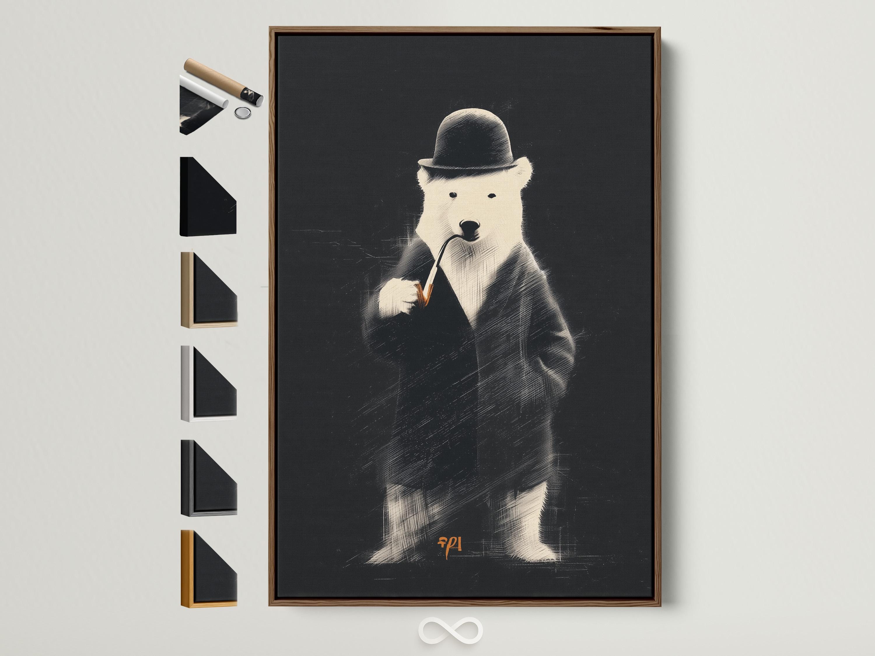 Monochrome polar bear portrait wearing a dark hat and jacket against a textured black background