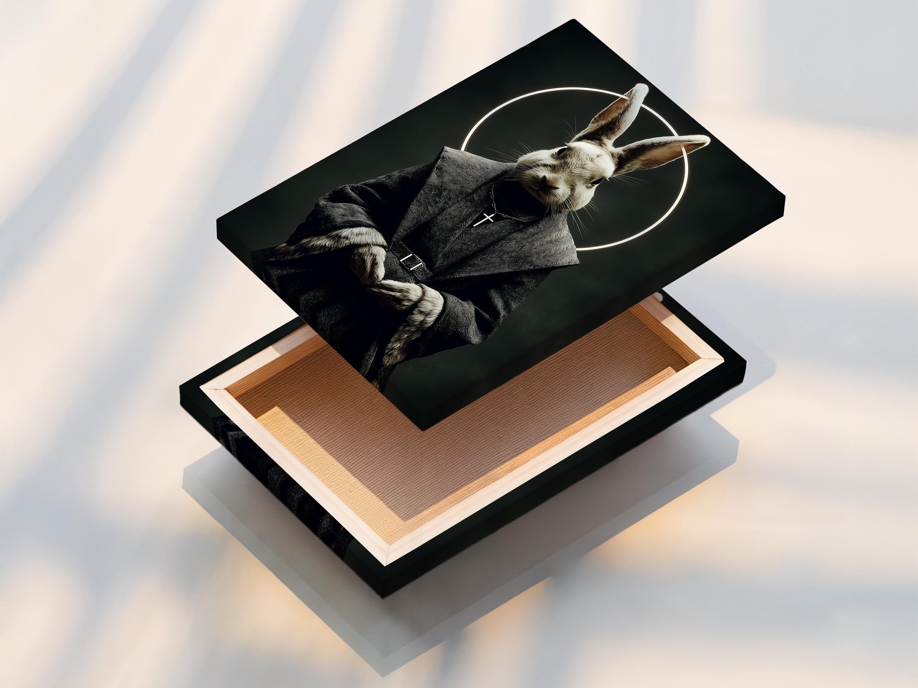 Monochrome rabbit monk portrait with a glowing halo, hooded robe, and a small cross pendant detail view