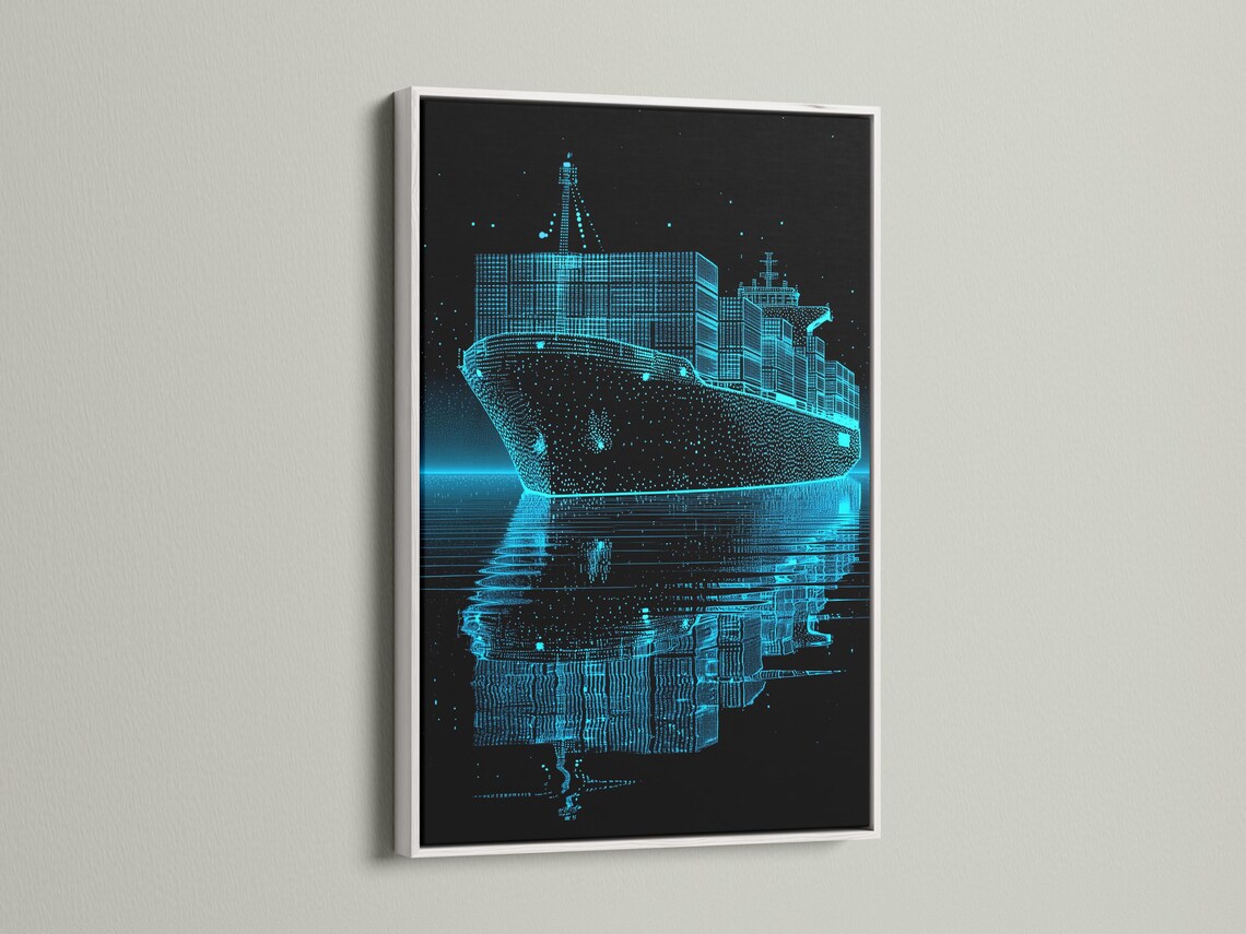 Cyan blueprint cargo ship on a dark background with dotted lines and water reflection detail view