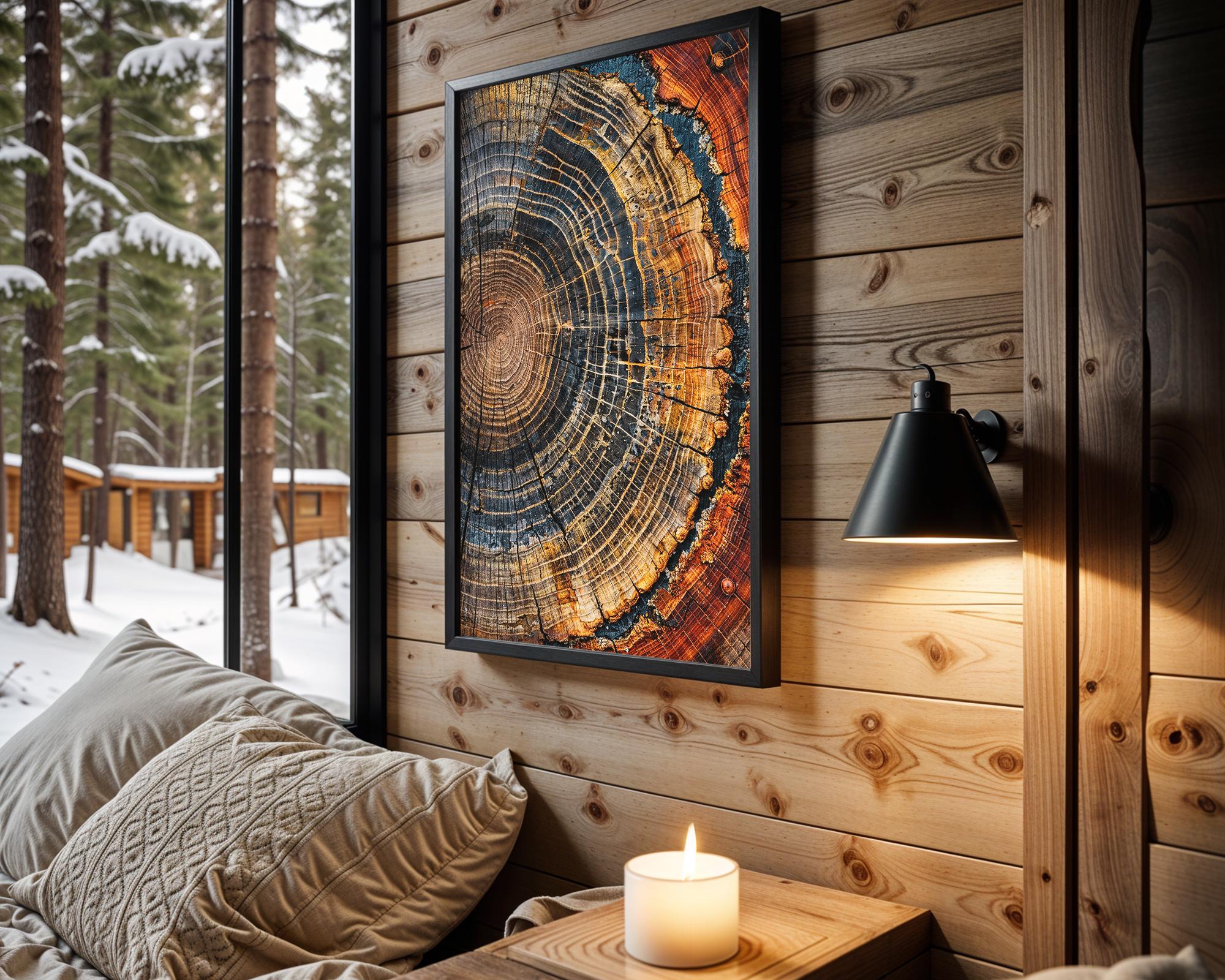 Bedroom mockup showing two framed tree ring artworks above a bed