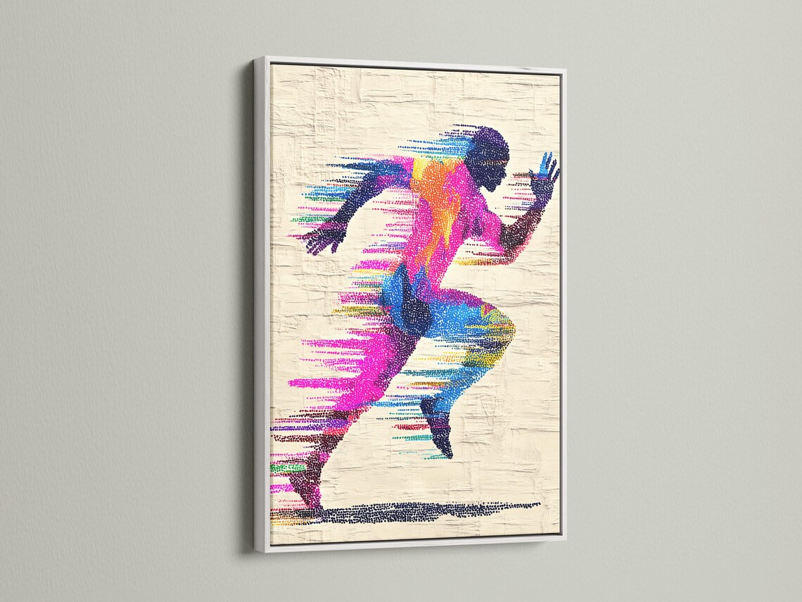 A colour-dotted silhouette of a runner stretches across a textured off-white background, with flowing striped motion lines in bright magenta, blue