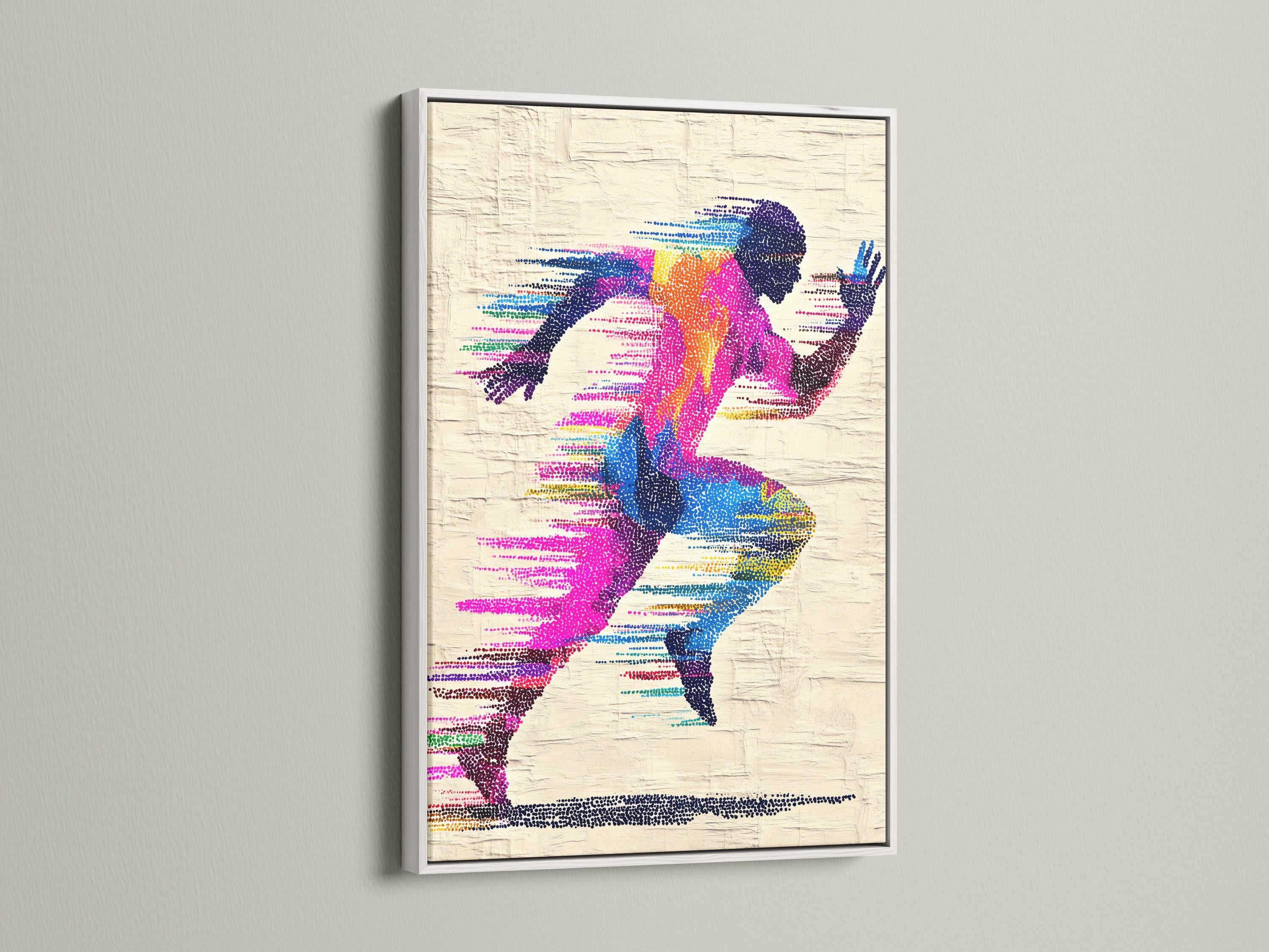 A colour-dotted silhouette of a runner stretches across a textured off-white background, with flowing striped motion lines in bright magenta, blue