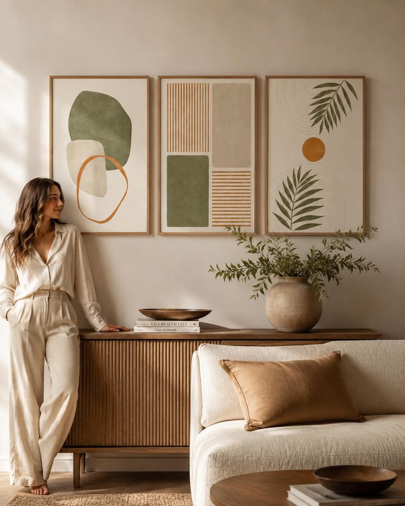 A set of three framed botanical-style artworks shows abstract leaf shapes, geometric blocks and lines in muted greens and terracotta on light