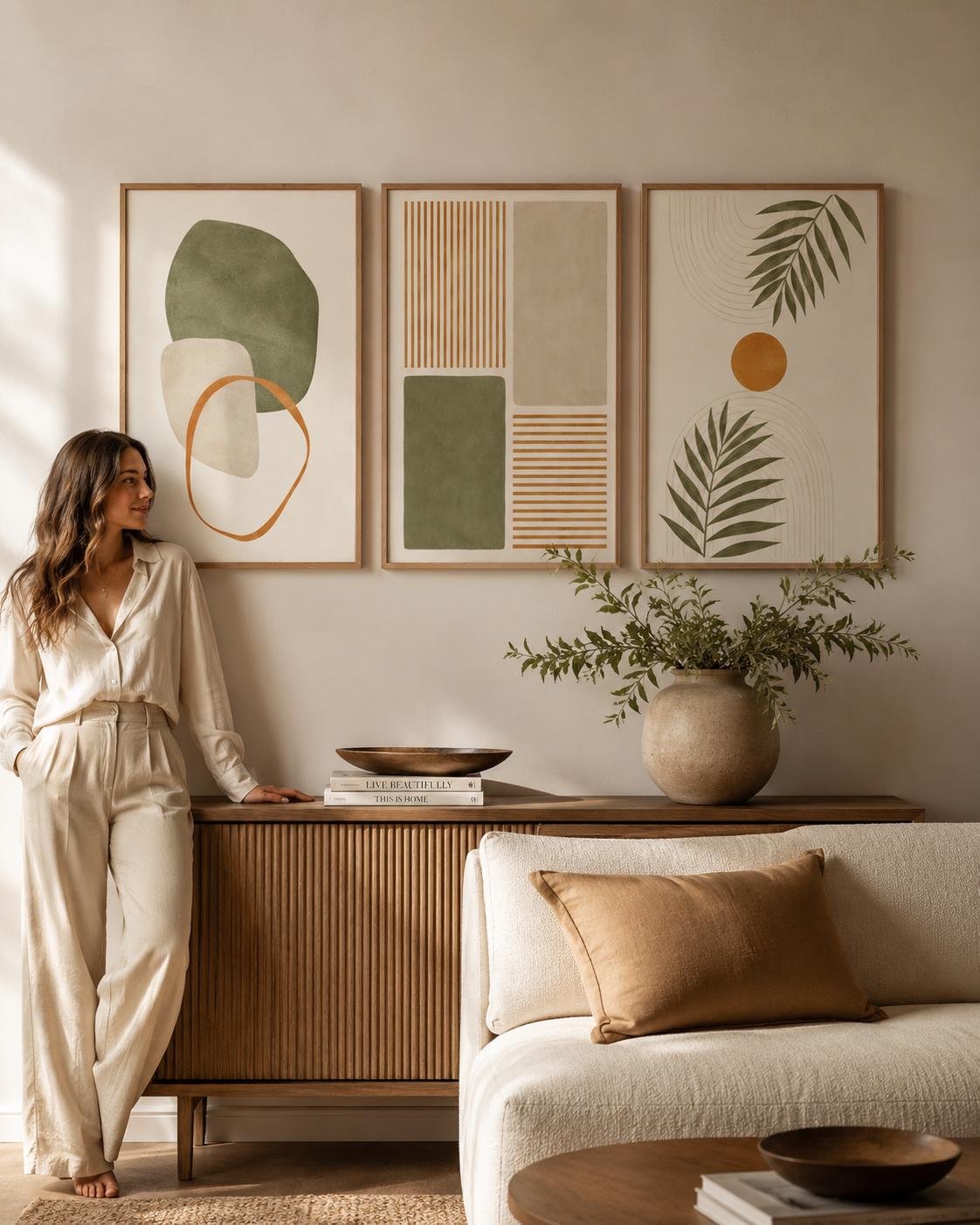 A set of three framed botanical-style artworks shows abstract leaf shapes, geometric blocks and lines in muted greens and terracotta on light
