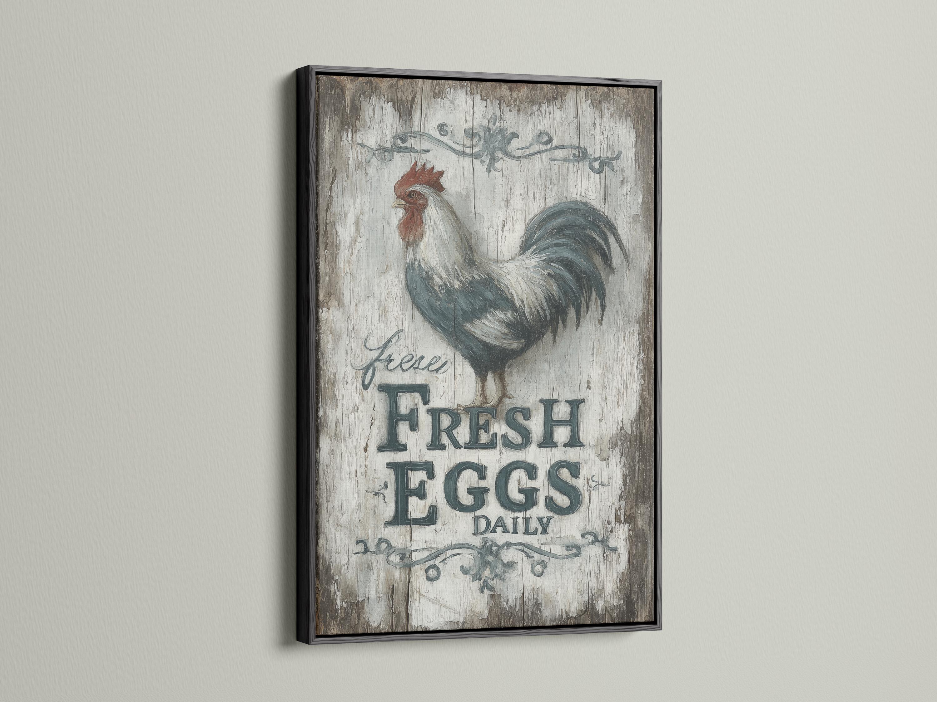 Rooster illustration above distressed text reading “FRESH EGGS DAILY” on a cracked grey background detail view