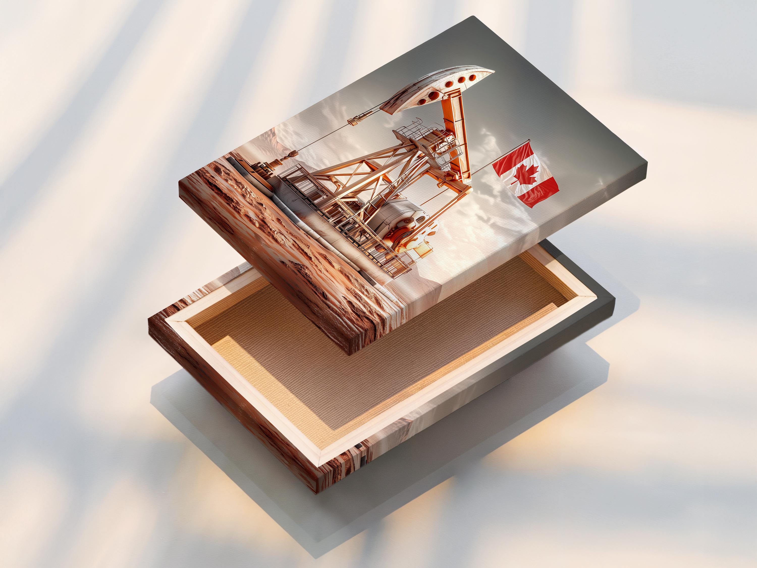 Oil derrick in a desert landscape with a waving red Canada flag detail view