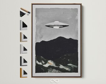 UFO Canvas Art - Minimalist Sci-Fi Landscape Print, Black & White Modern Wall Art, Extraterrestrial Artwork for Office or Man Cave Art Gift