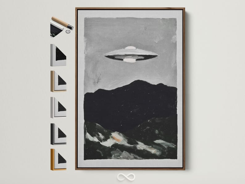 Monochrome painting of a UFO hovering above a dark mountain landscape