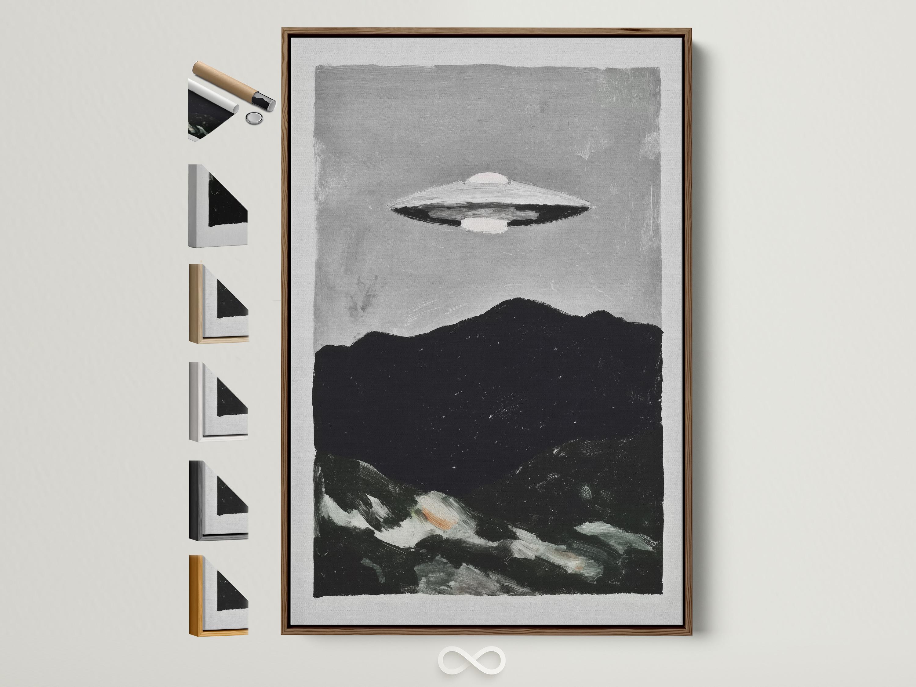 Monochrome painting of a UFO hovering above a dark mountain landscape