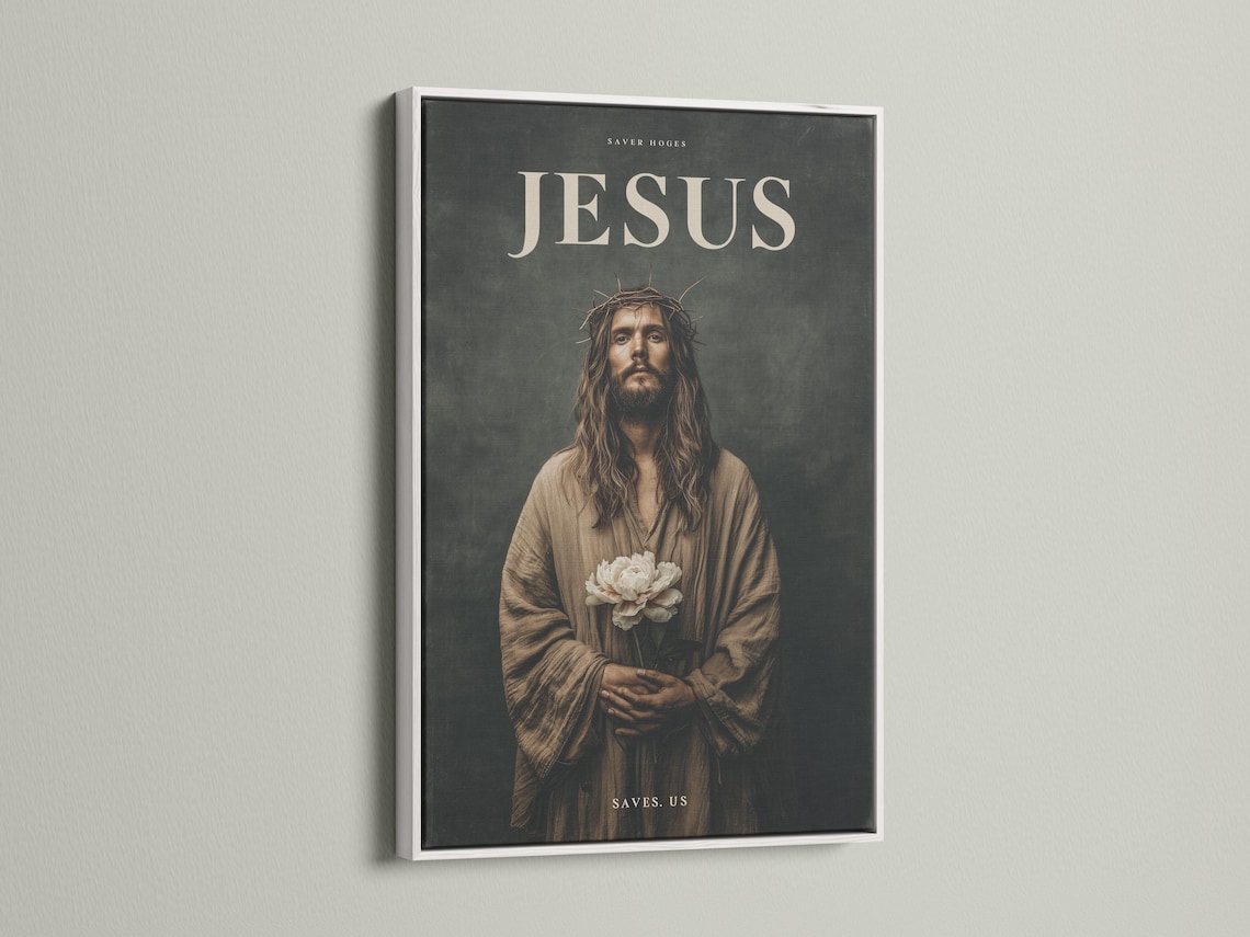 Jesus portrait with crown of thorns holding white flowers and gold text detail view