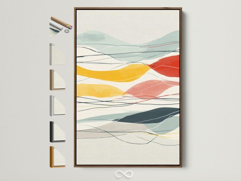 Mountain-inspired abstract geometric landscape in mint, cream, ochre and red with contour lines
