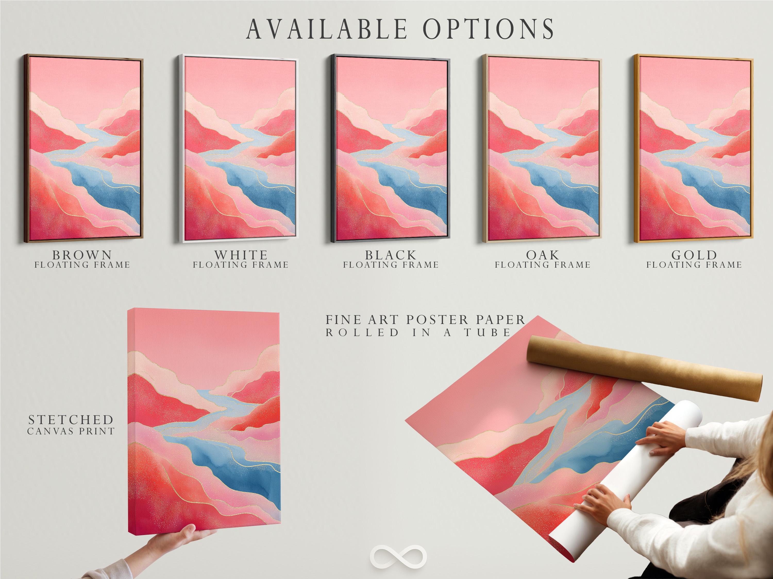 Pink and blue abstract landscape with a winding river and pale yellow contour lines detail view