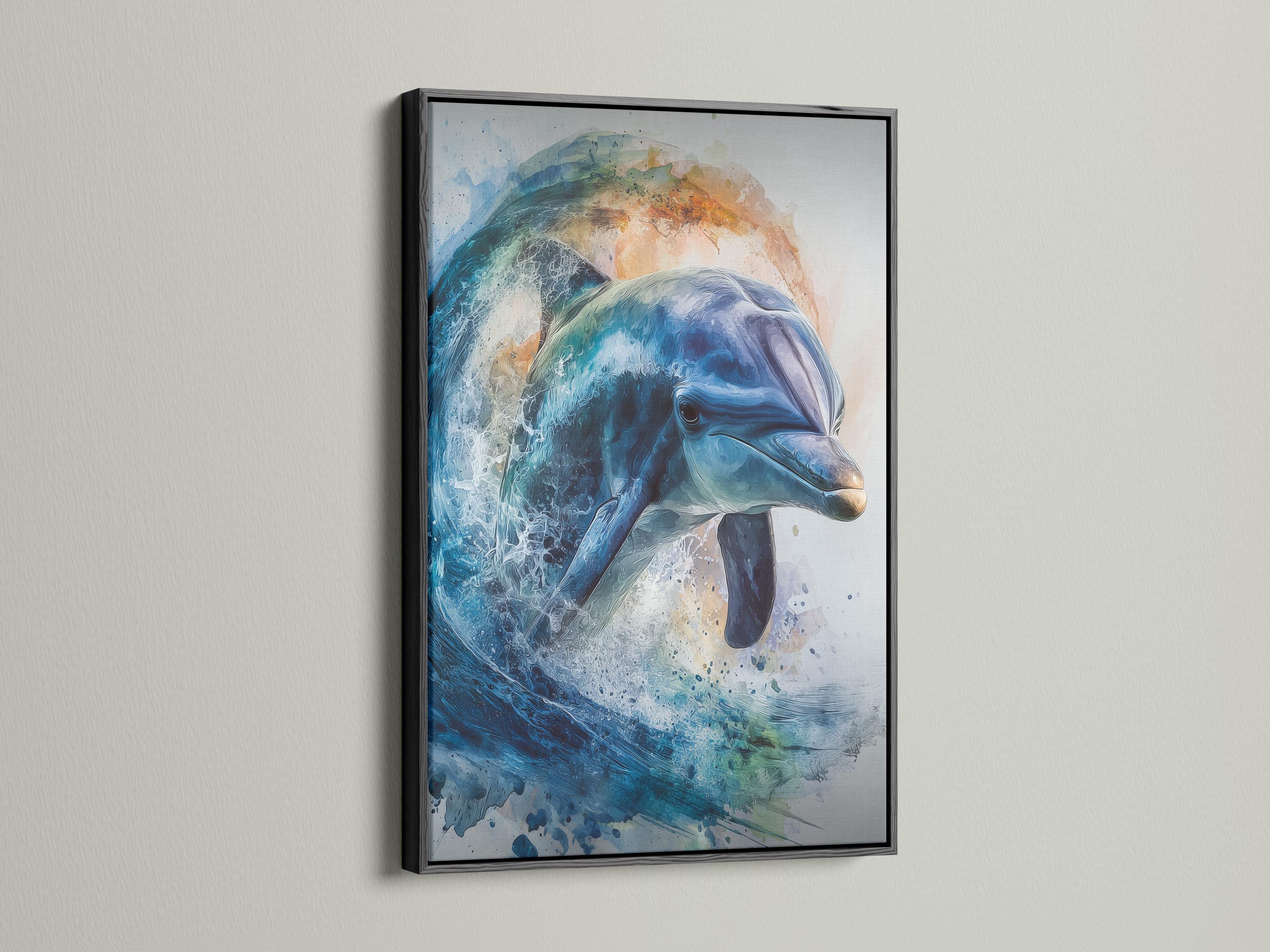 Mockup of blue dolphin ocean artwork shown in a framed layout