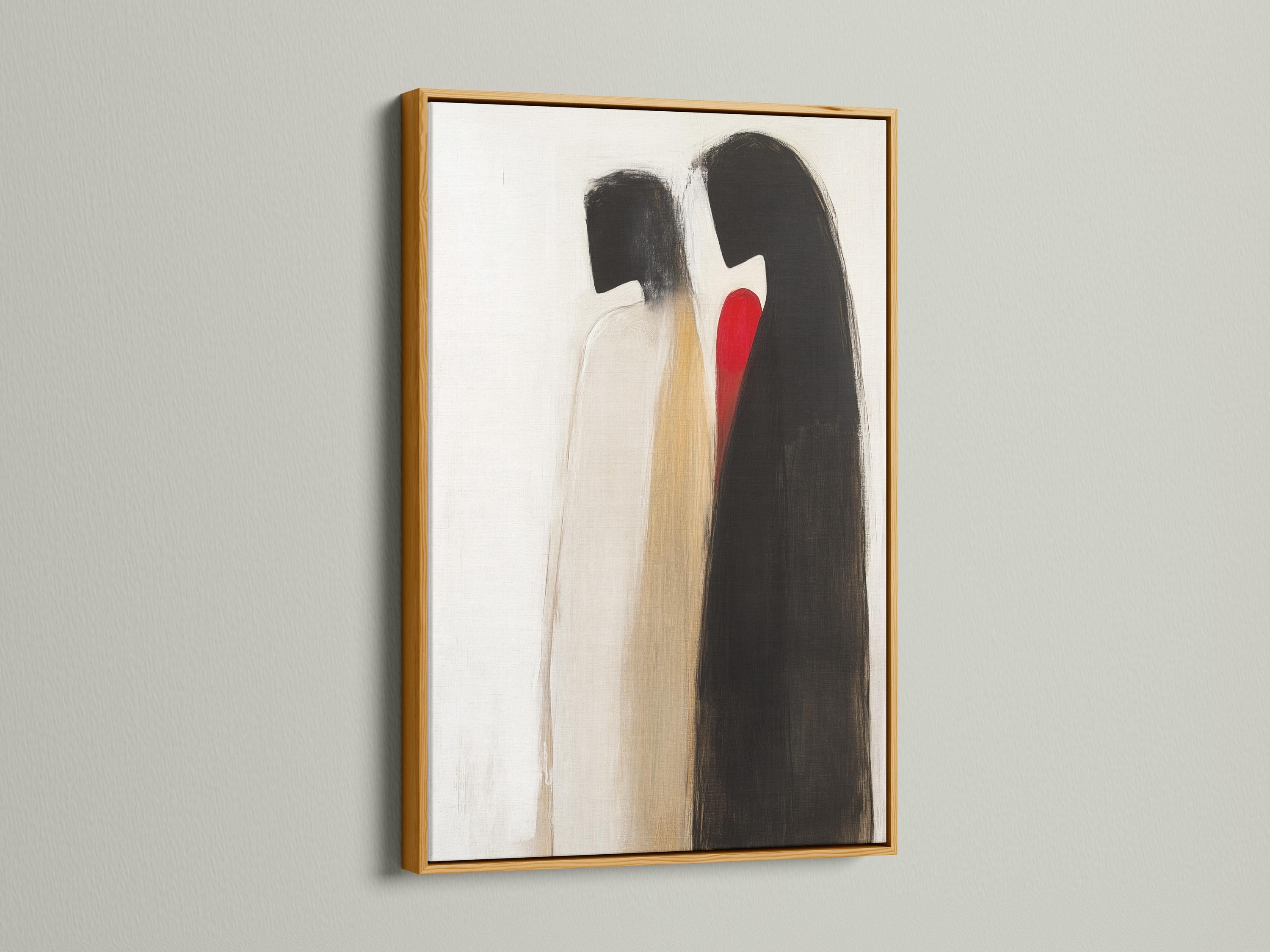 Abstract couple figures in charcoal black and beige embracing on a cream background with a small red accent detail view