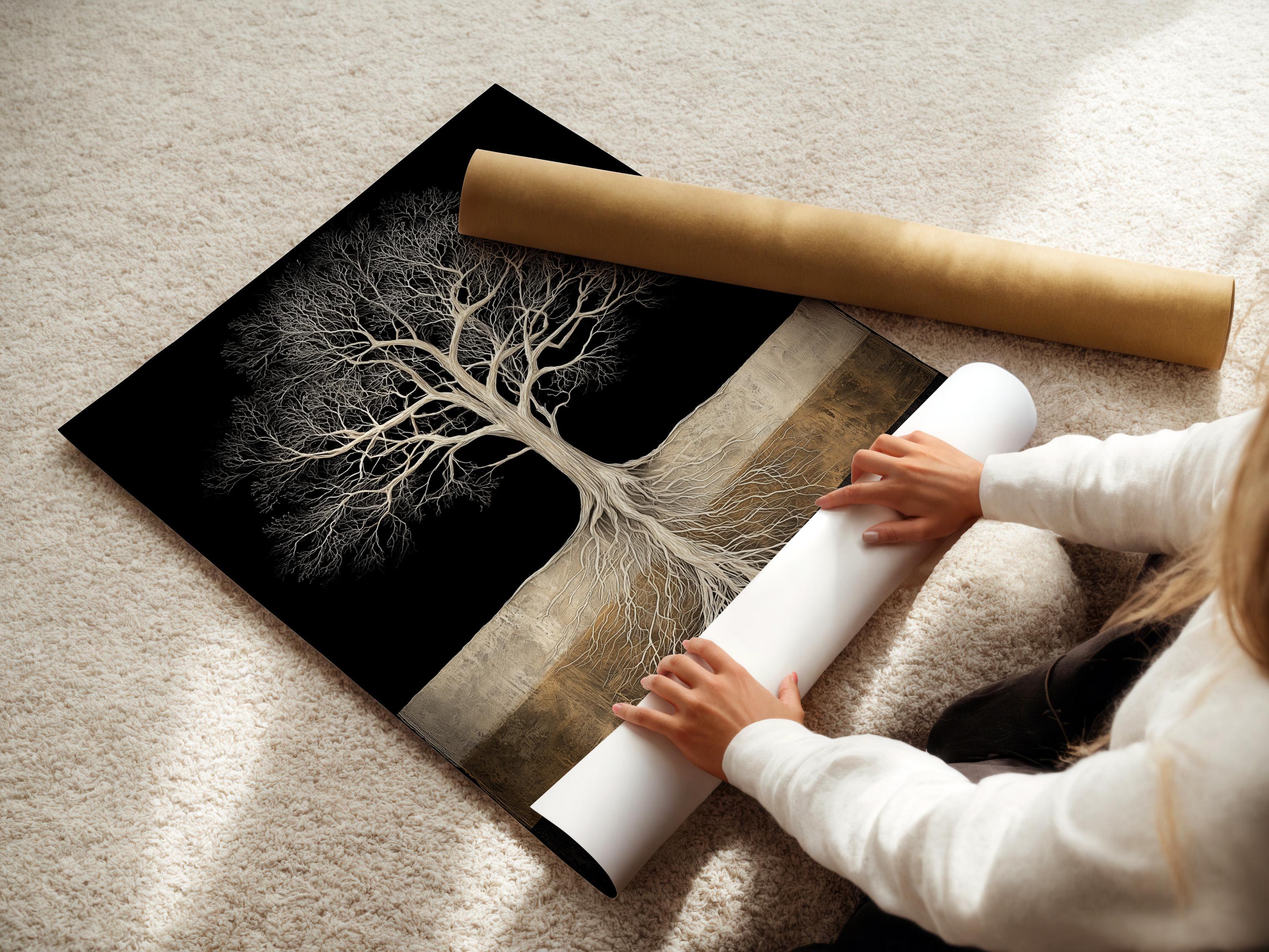 Framed tree roots artwork mockup on a light background