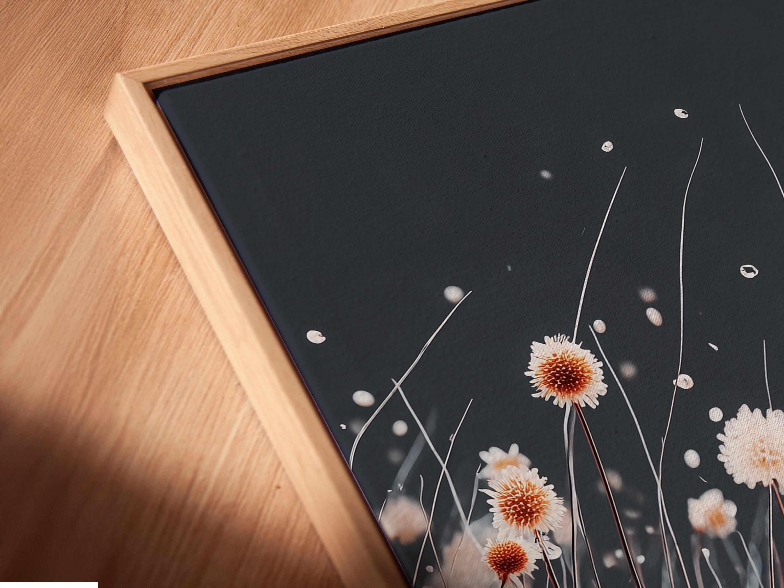 Room mockup showing a framed botanical dandelion-like blossom artwork