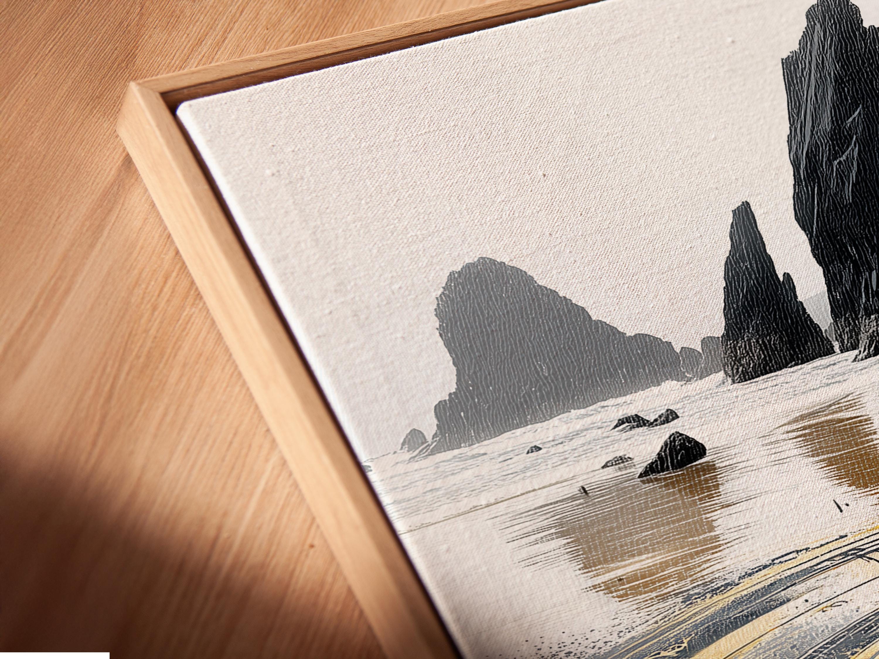 Moody seascape with dark rocks and a large ornate gold compass with red accents detail view