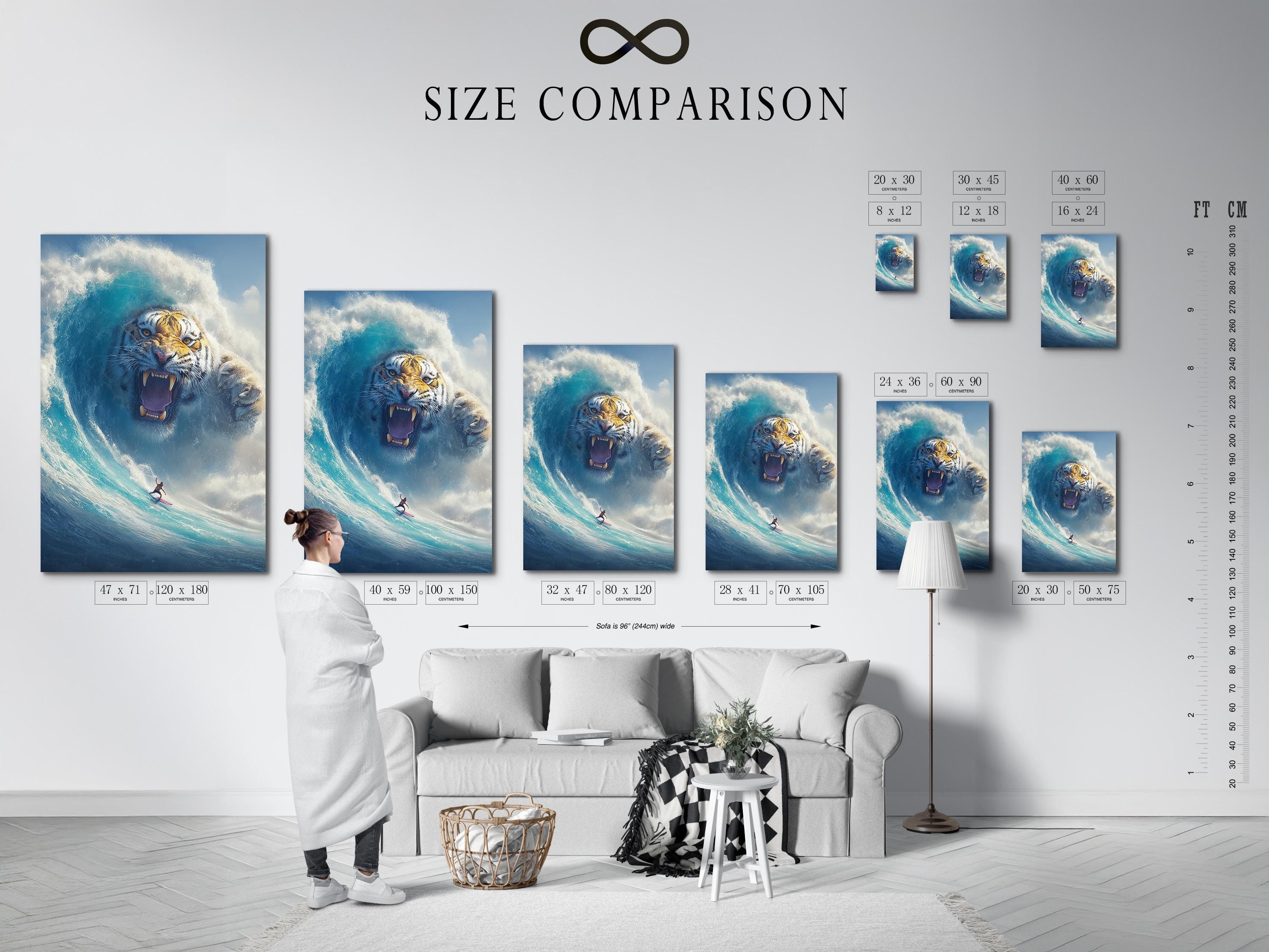 Wall mockup showing framed ocean fantasy tiger wave artwork