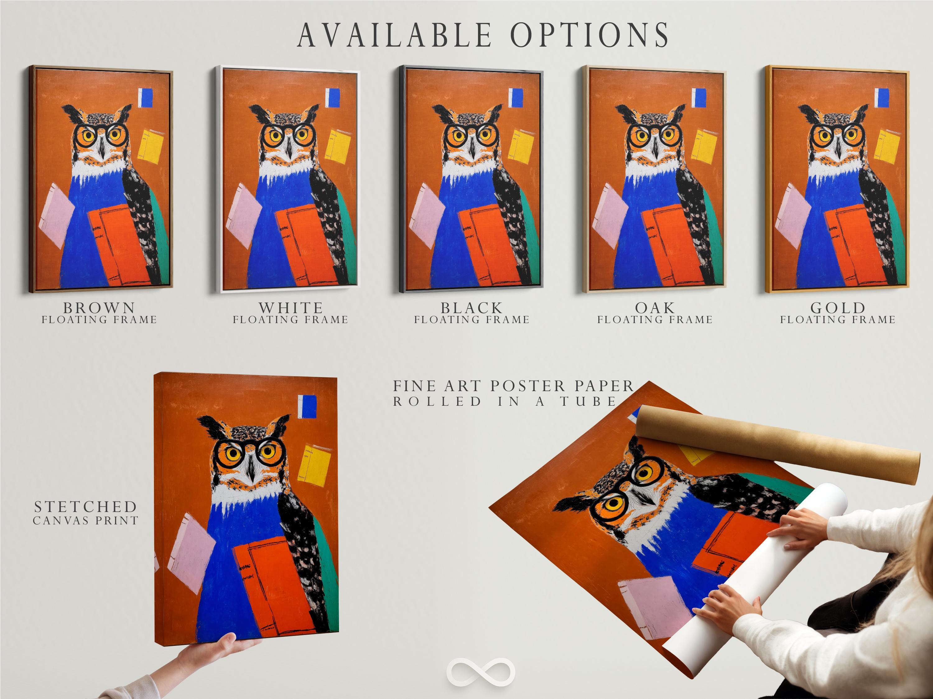 Stylised owl wearing large round glasses, holding colourful books on a warm orange background detail view