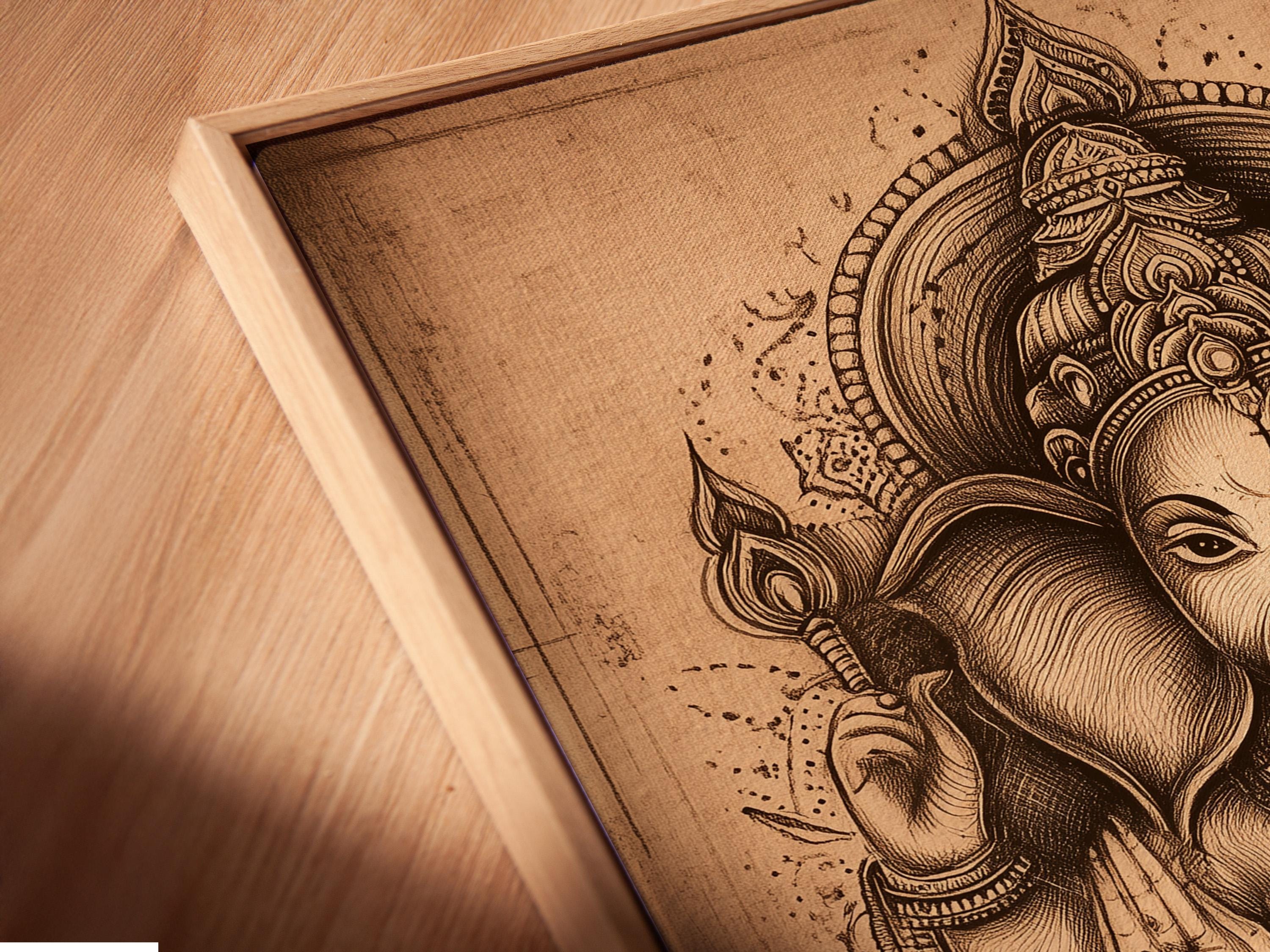 Vintage elephant-headed deity illustration with ornate halo on a beige background detail view