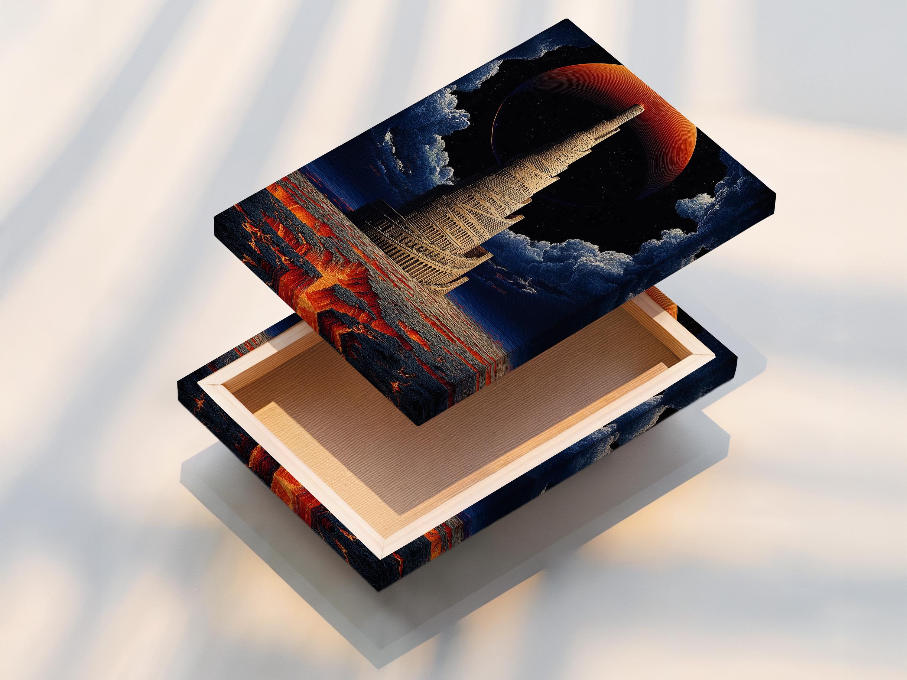 Surreal tall tower artwork with a red-orange sun, clouds, and a lava-like landscape detail view